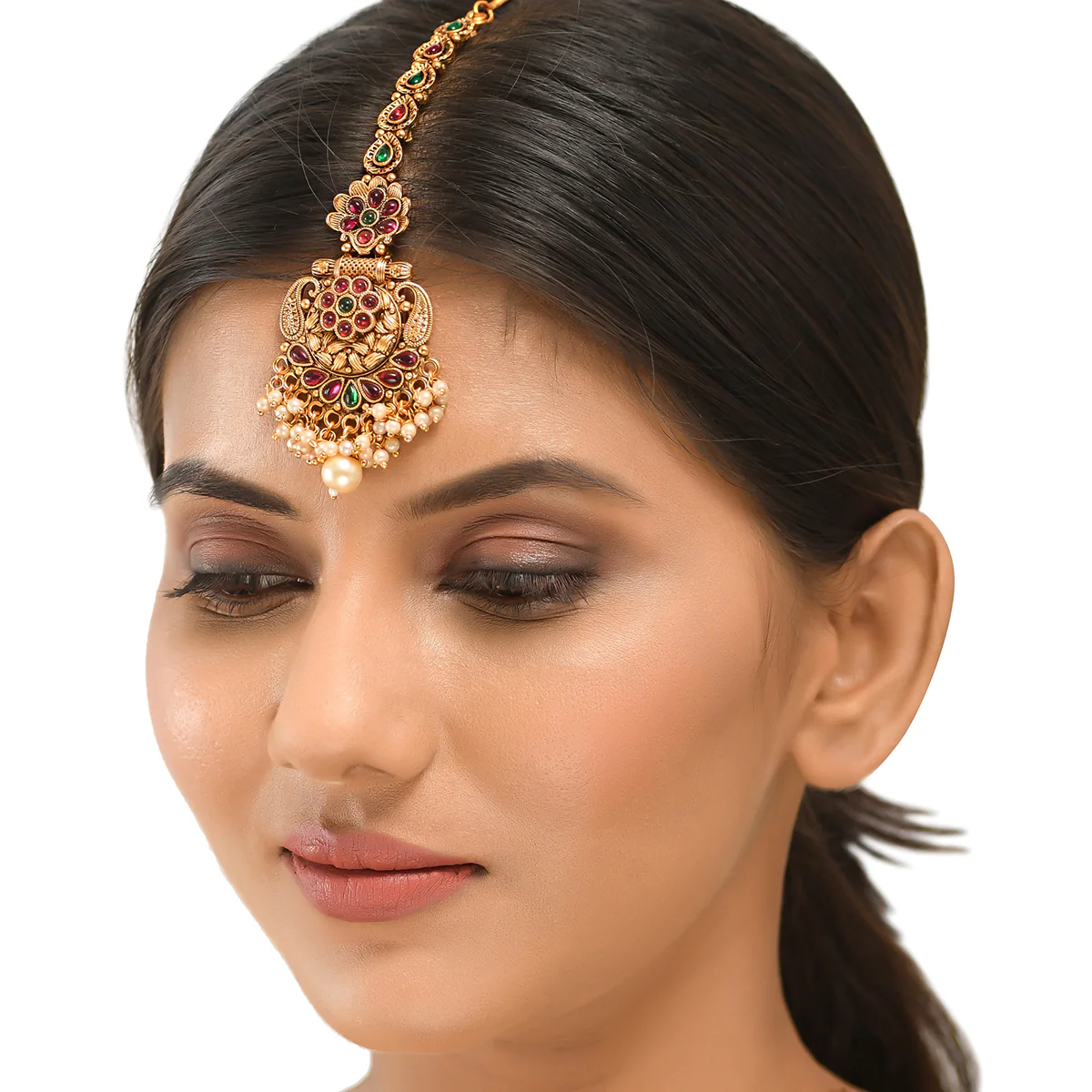 Floral Motifs Kundan and Faux Pearls Brass Gold Plated Maang Tika - Image 5