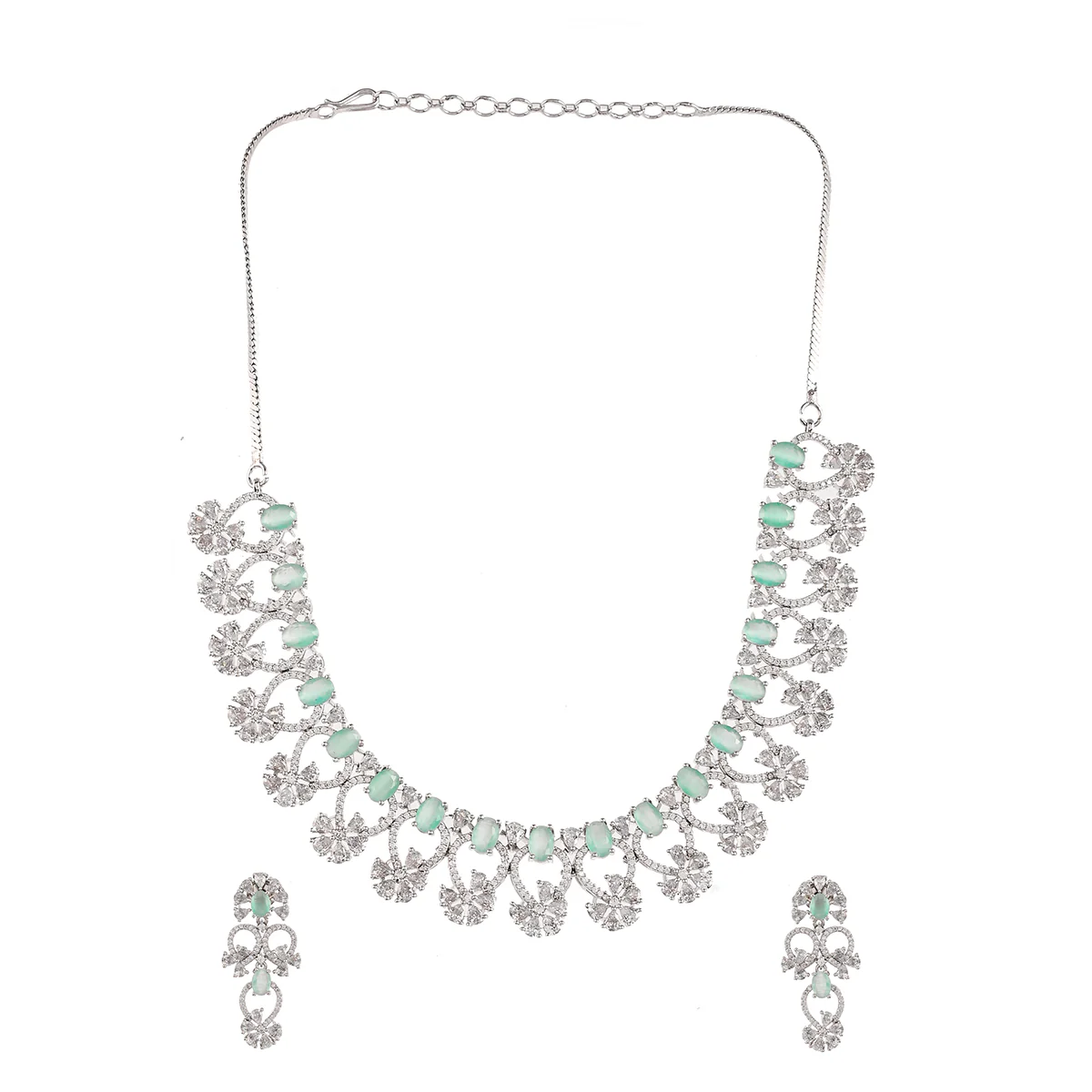 Floral Motifs Pink and White CZ Adorned Brass Silver Plated Jewellery Set - Image 3