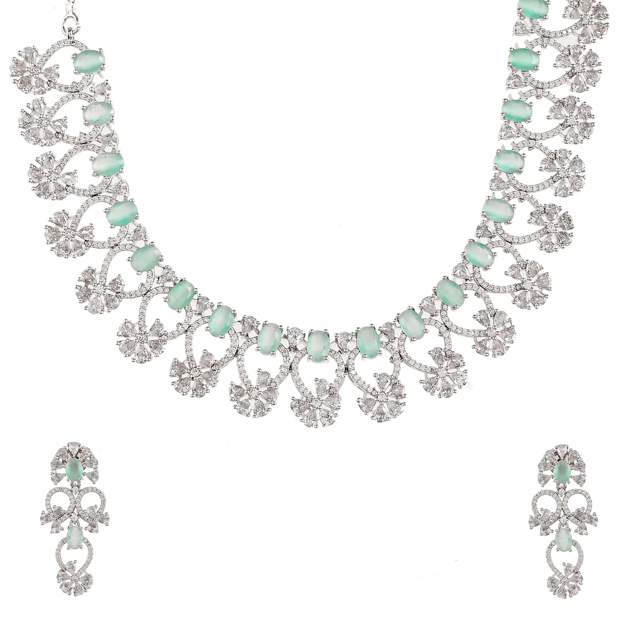 Floral Motifs Pink and White CZ Adorned Brass Silver Plated Jewellery Set - Image 4
