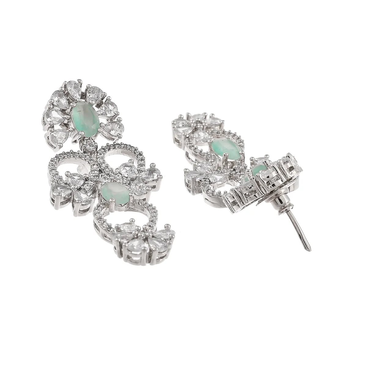 Floral Motifs Pink and White CZ Adorned Brass Silver Plated Jewellery Set - Image 5