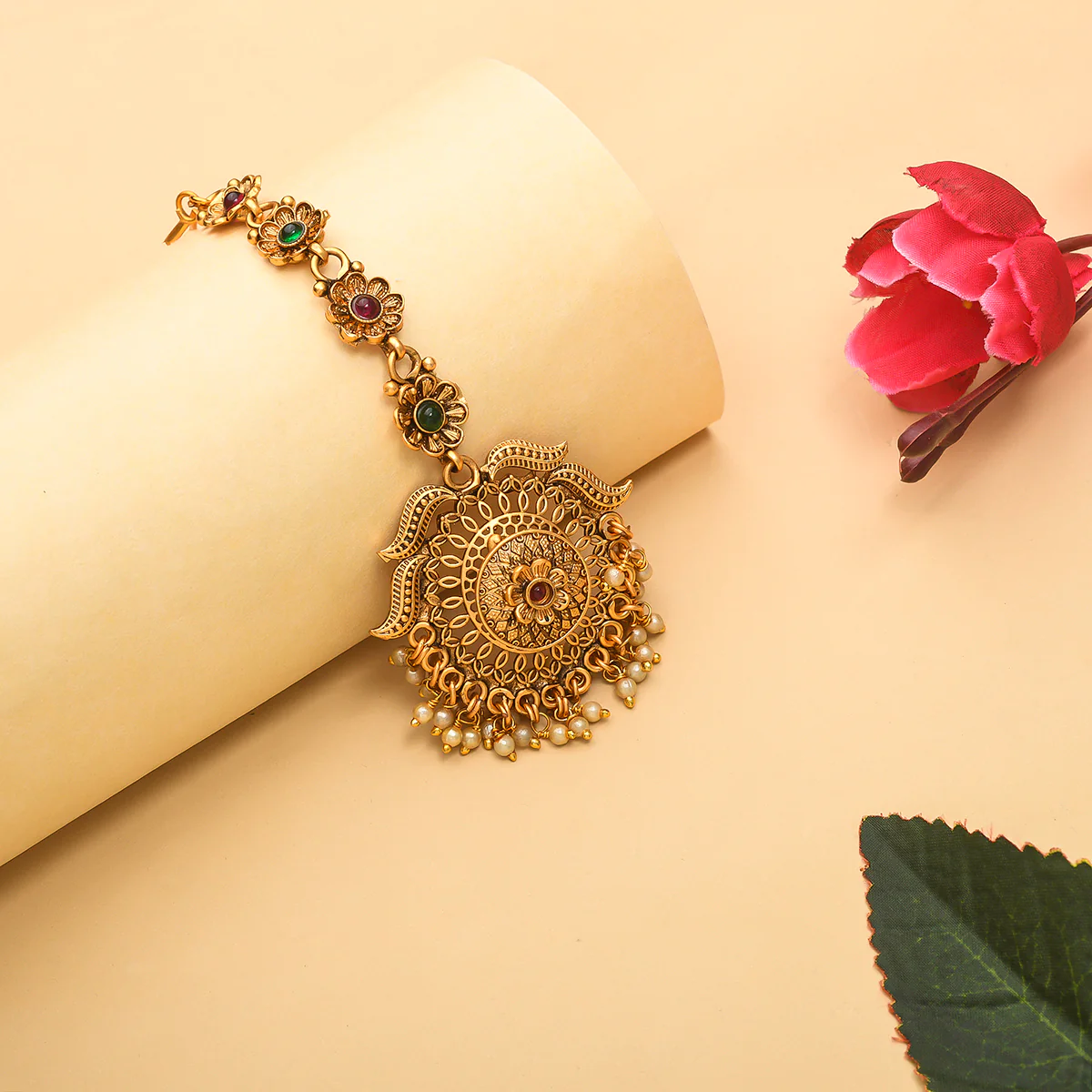 Floral Motifs Yellow Gold Plated CZ and Faux Pearls Brass Maang Tika