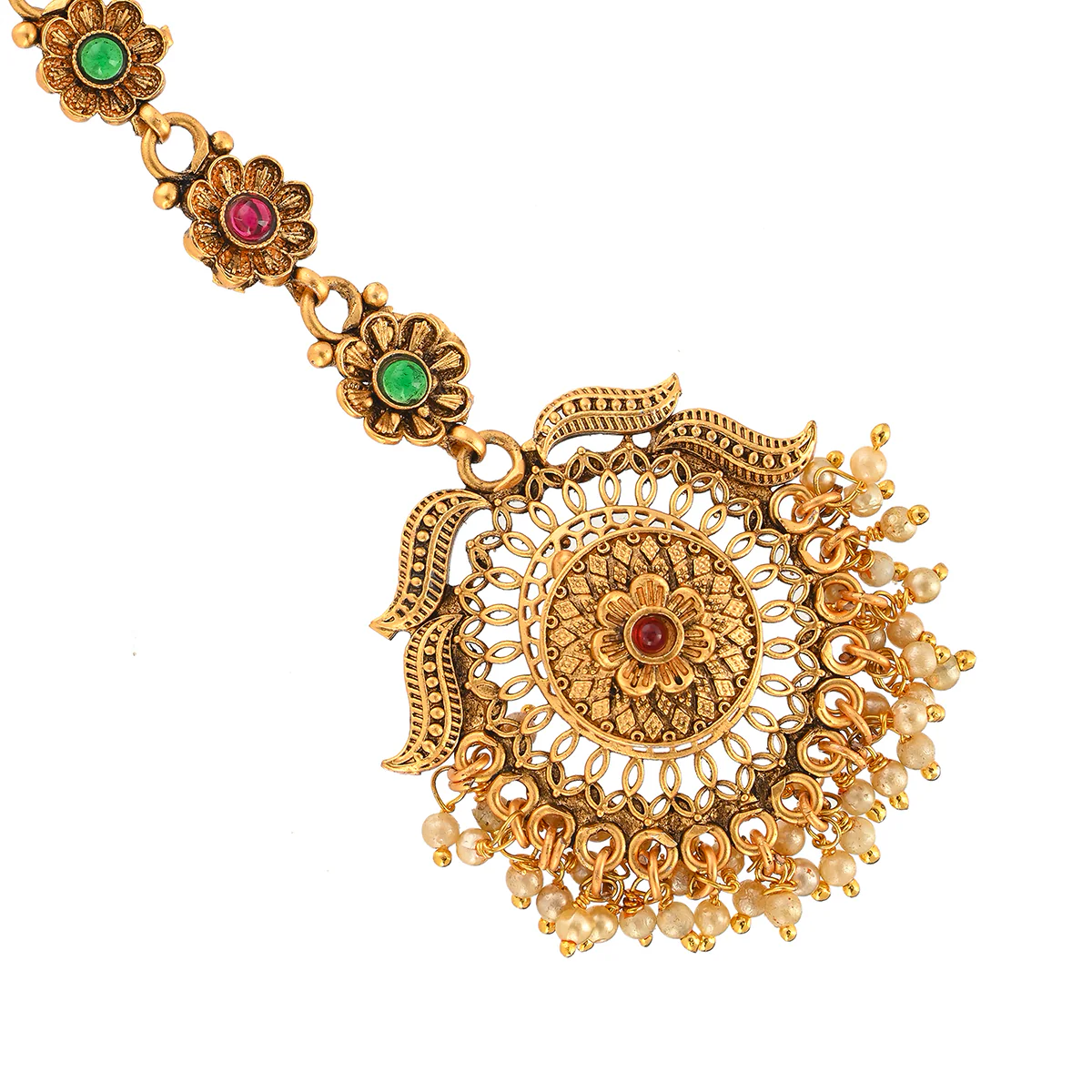 Floral Motifs Yellow Gold Plated CZ and Faux Pearls Brass Maang Tika - Image 3