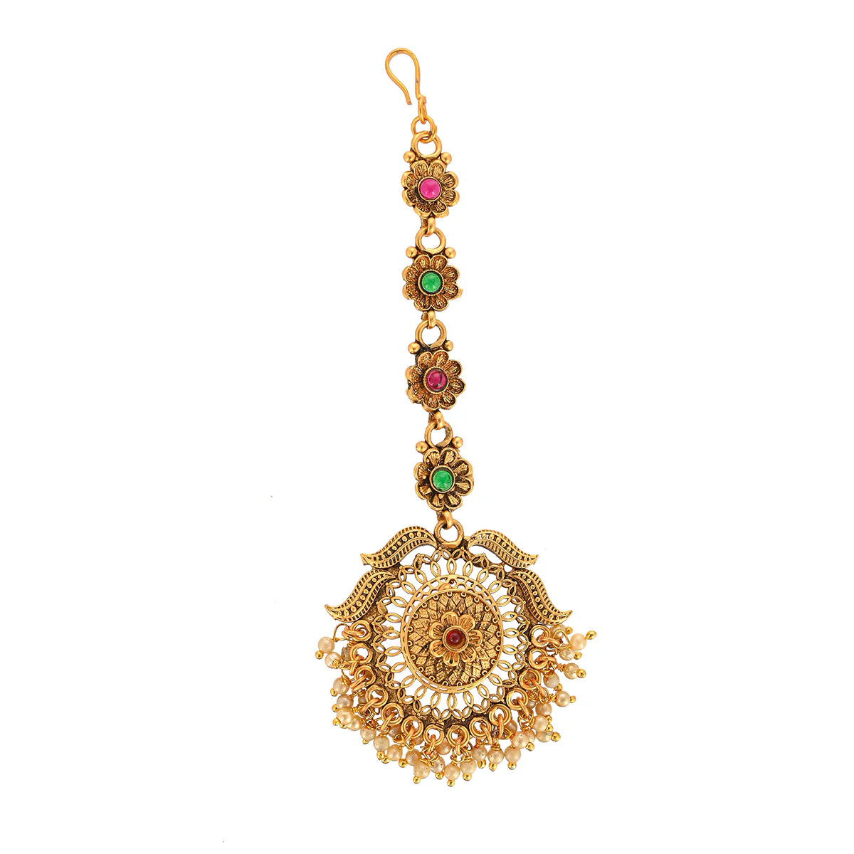 Floral Motifs Yellow Gold Plated CZ and Faux Pearls Brass Maang Tika - Image 4