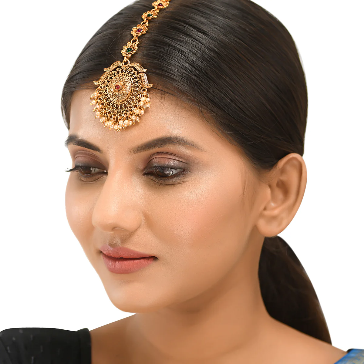 Floral Motifs Yellow Gold Plated CZ and Faux Pearls Brass Maang Tika - Image 5