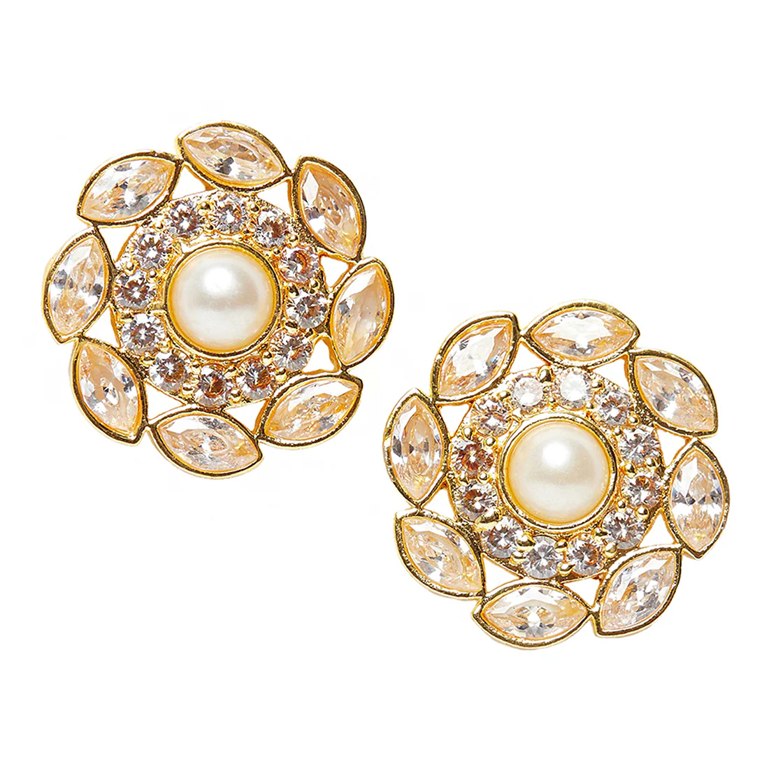 Floral Pearl Embellished Gold Plated Stud Earrings - Image 3