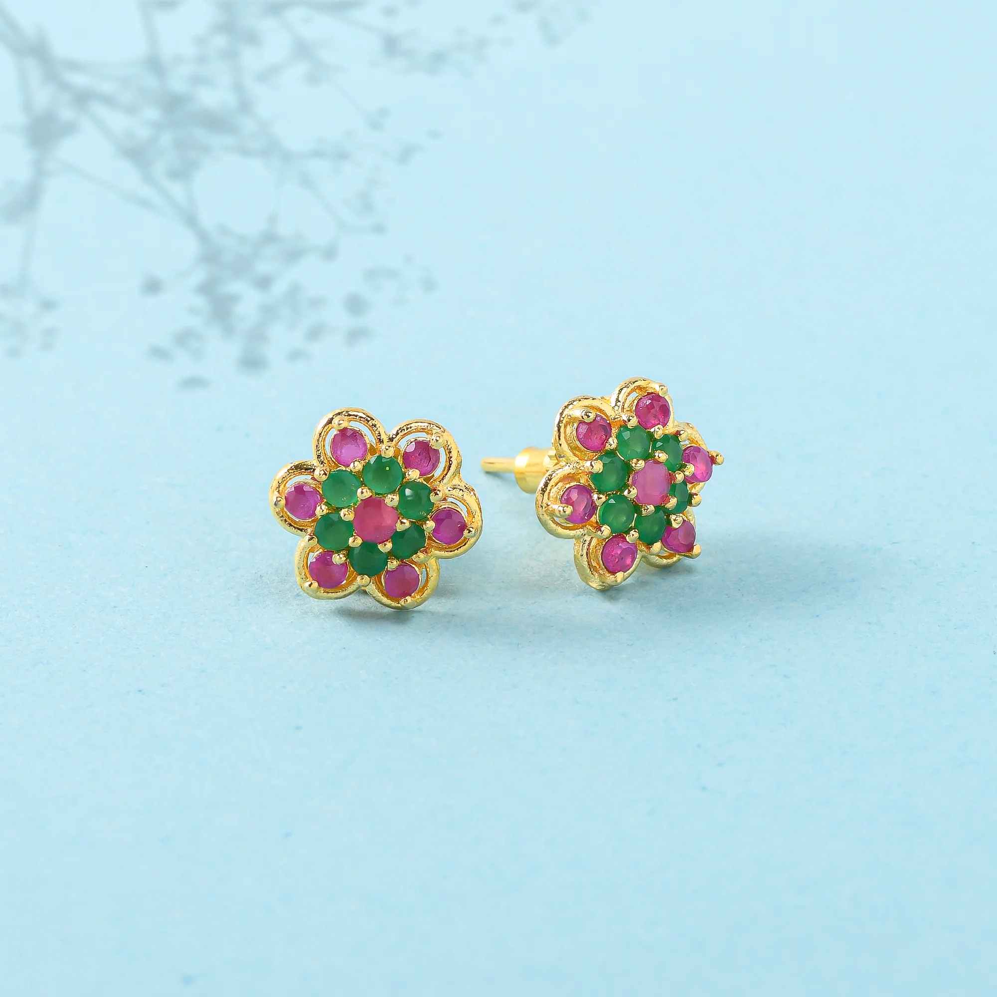 Floral Pink and Green CZ Stud Earrings