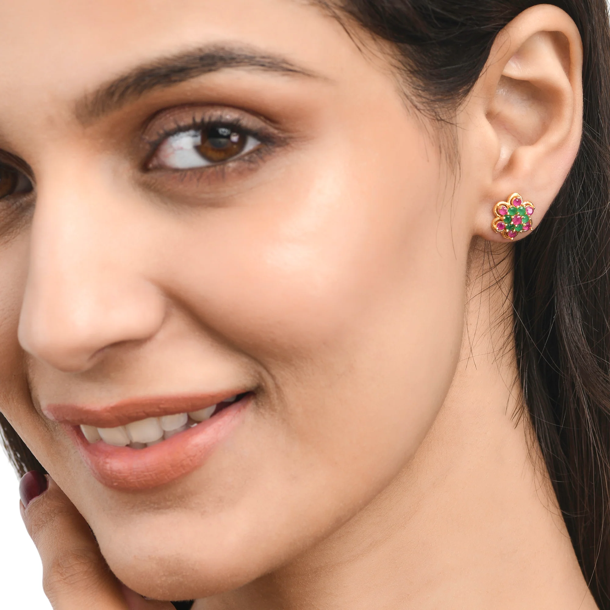 Floral Pink and Green CZ Stud Earrings - Image 2