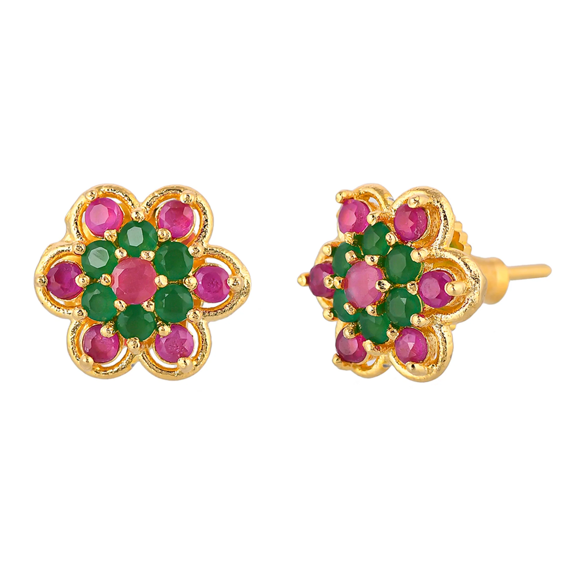Floral Pink and Green CZ Stud Earrings - Image 4