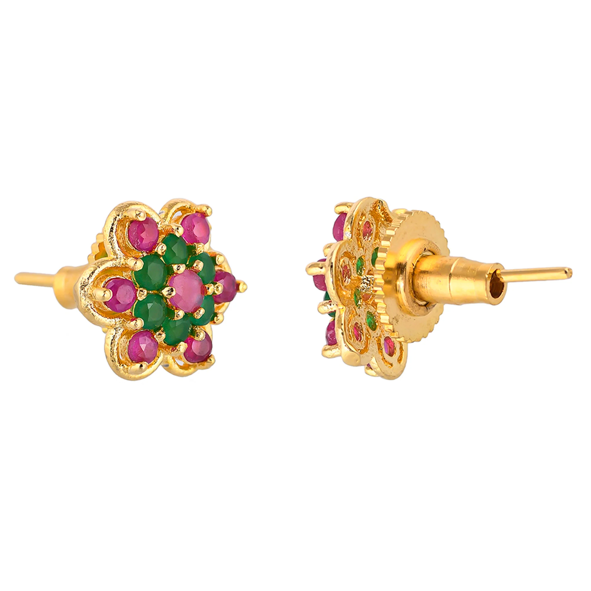 Floral Pink and Green CZ Stud Earrings - Image 5