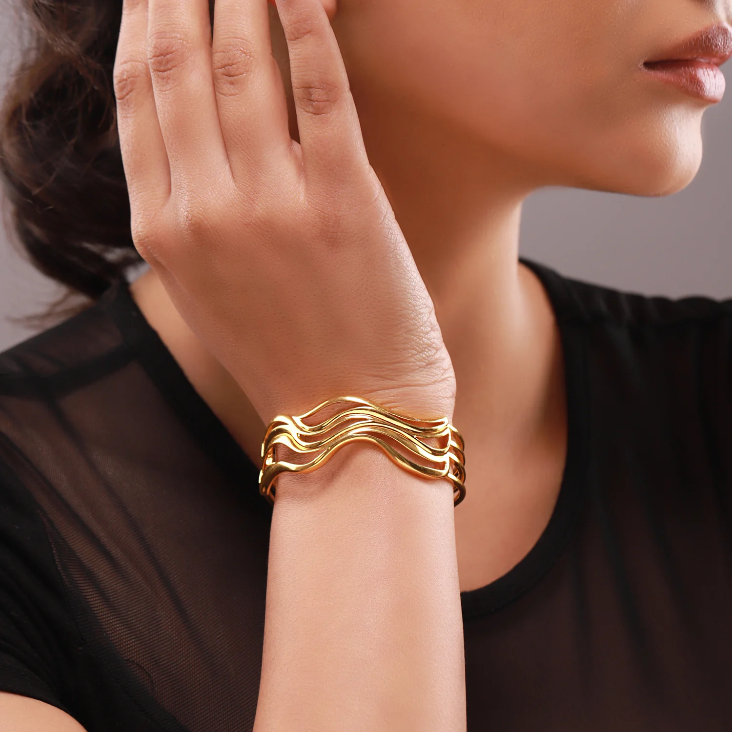 Flow Tide Golden Wave Cuff Adjustable Bracelet - Image 3