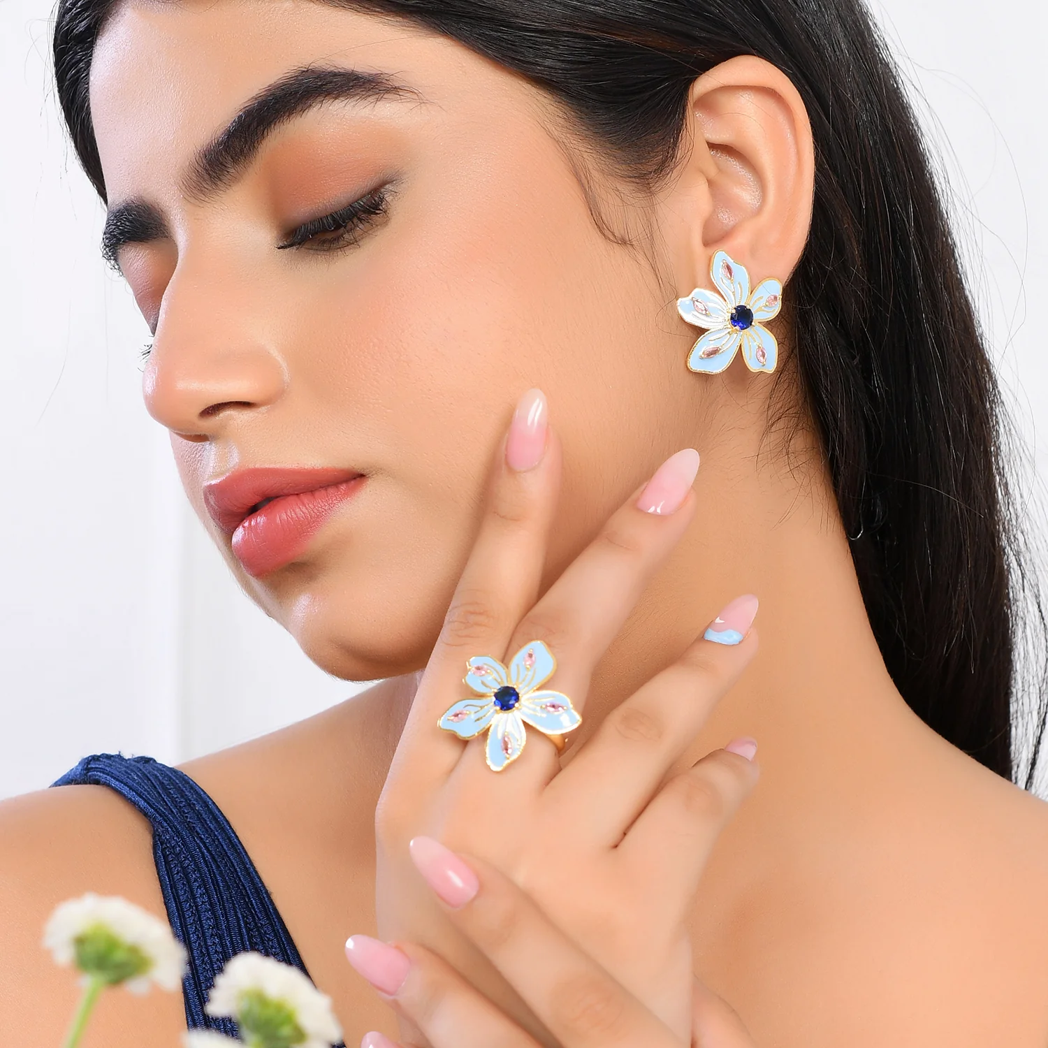 Flower Fantasy Azure Spring Blossom Earrings And Ring Combo - Image 2
