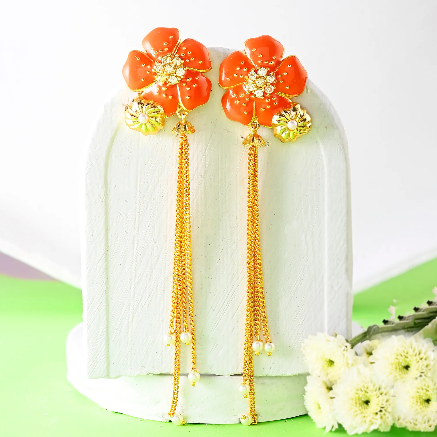Flower Fantasy Golden Bloom Vermilion Dangler Earrings