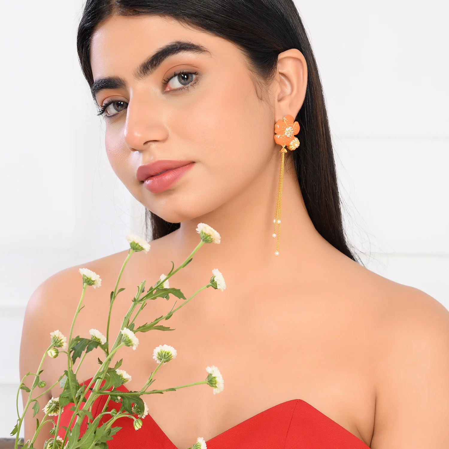 Flower Fantasy Golden Bloom Vermilion Dangler Earrings - Image 2