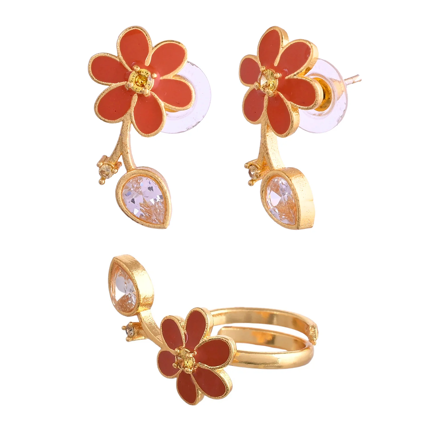 Flower Fantasy Leafy Coral Earrings And Ring Combo - Image 5