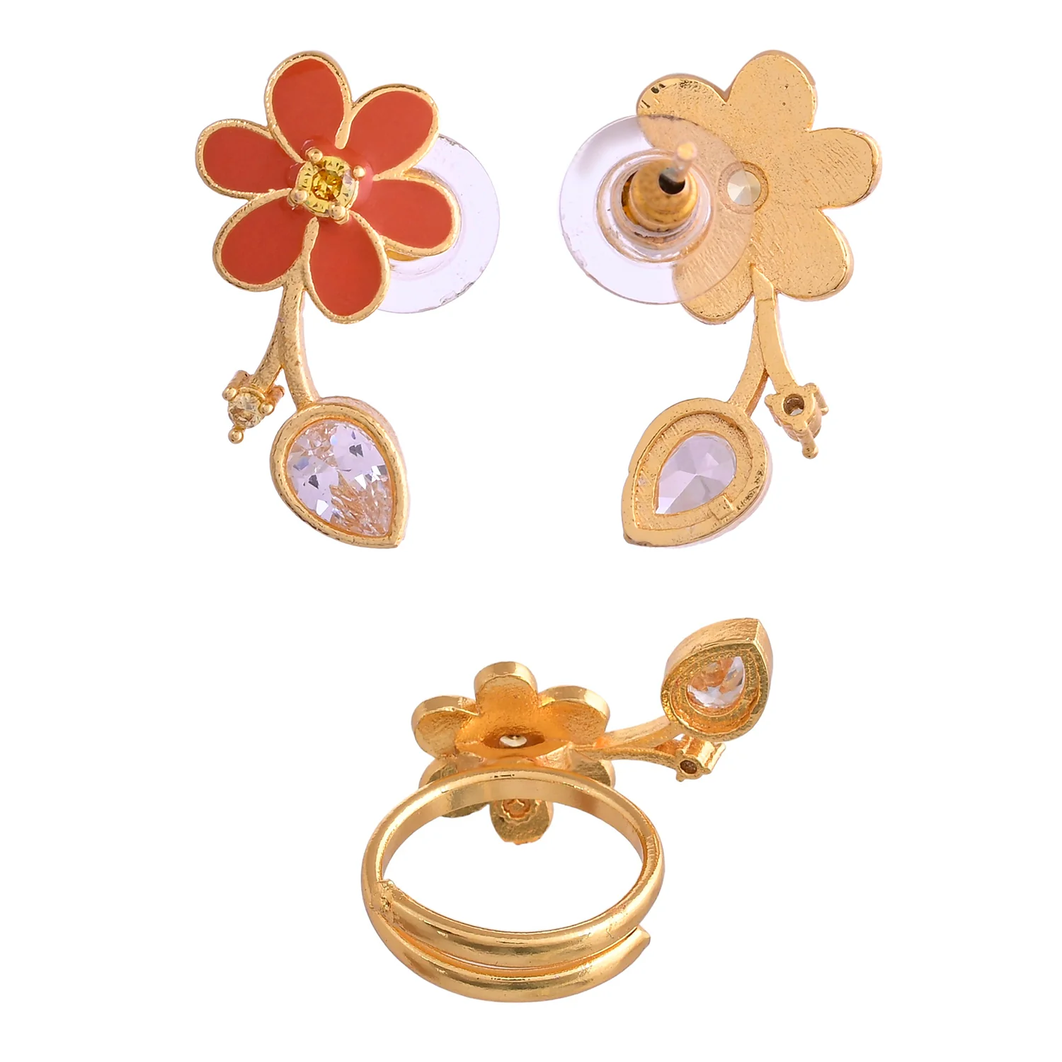 Flower Fantasy Leafy Coral Earrings And Ring Combo - Image 7