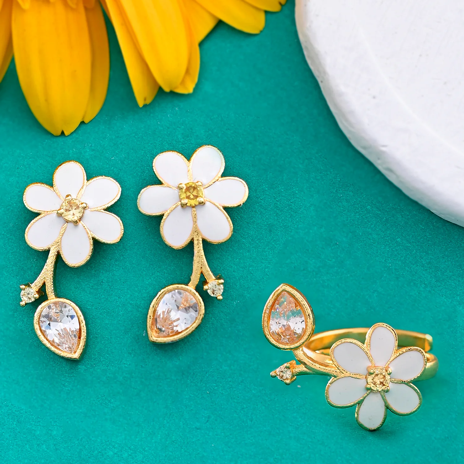 Flower Fantasy Leafy White Earrings And Ring Combo