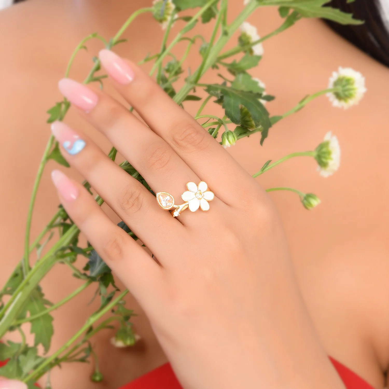 Flower Fantasy Leafy White Earrings And Ring Combo - Image 4