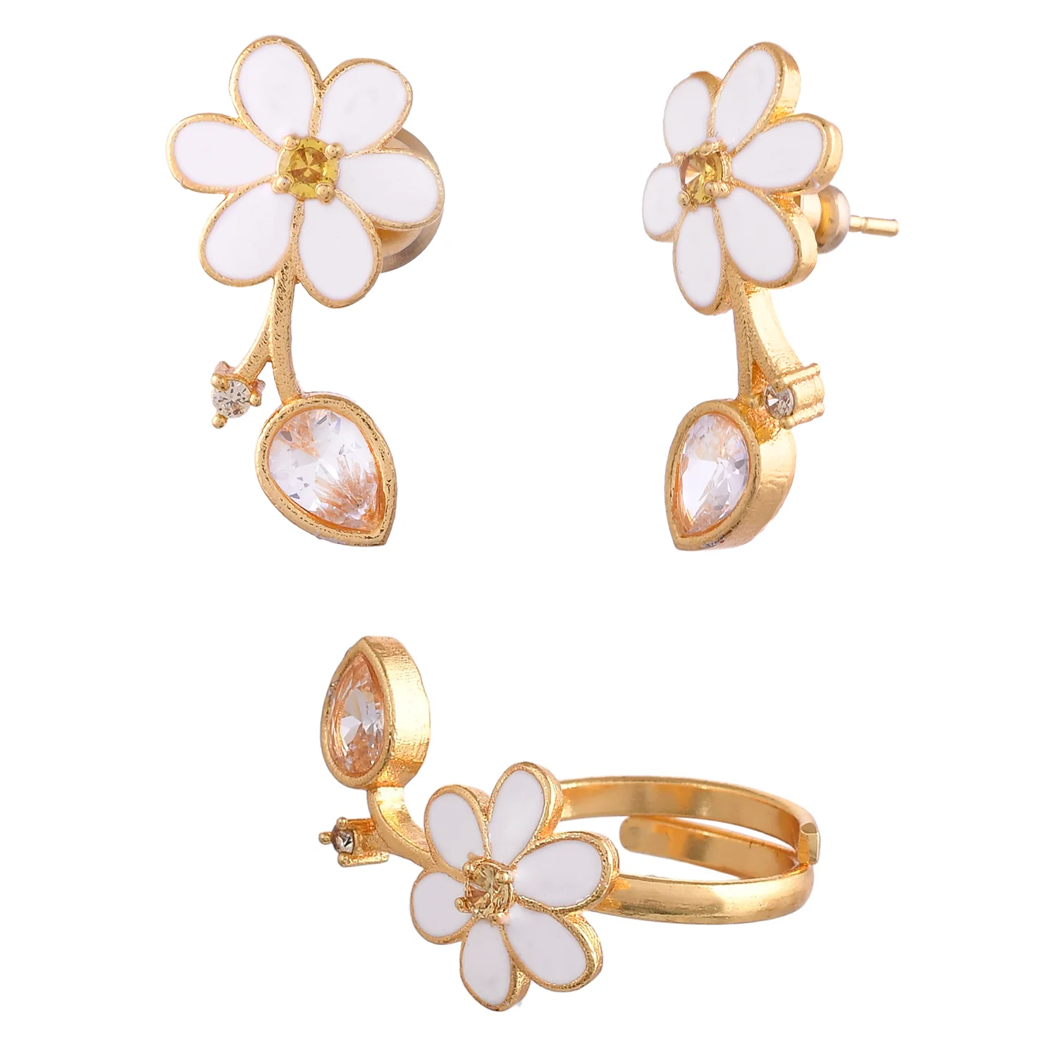 Flower Fantasy Leafy White Earrings And Ring Combo - Image 5