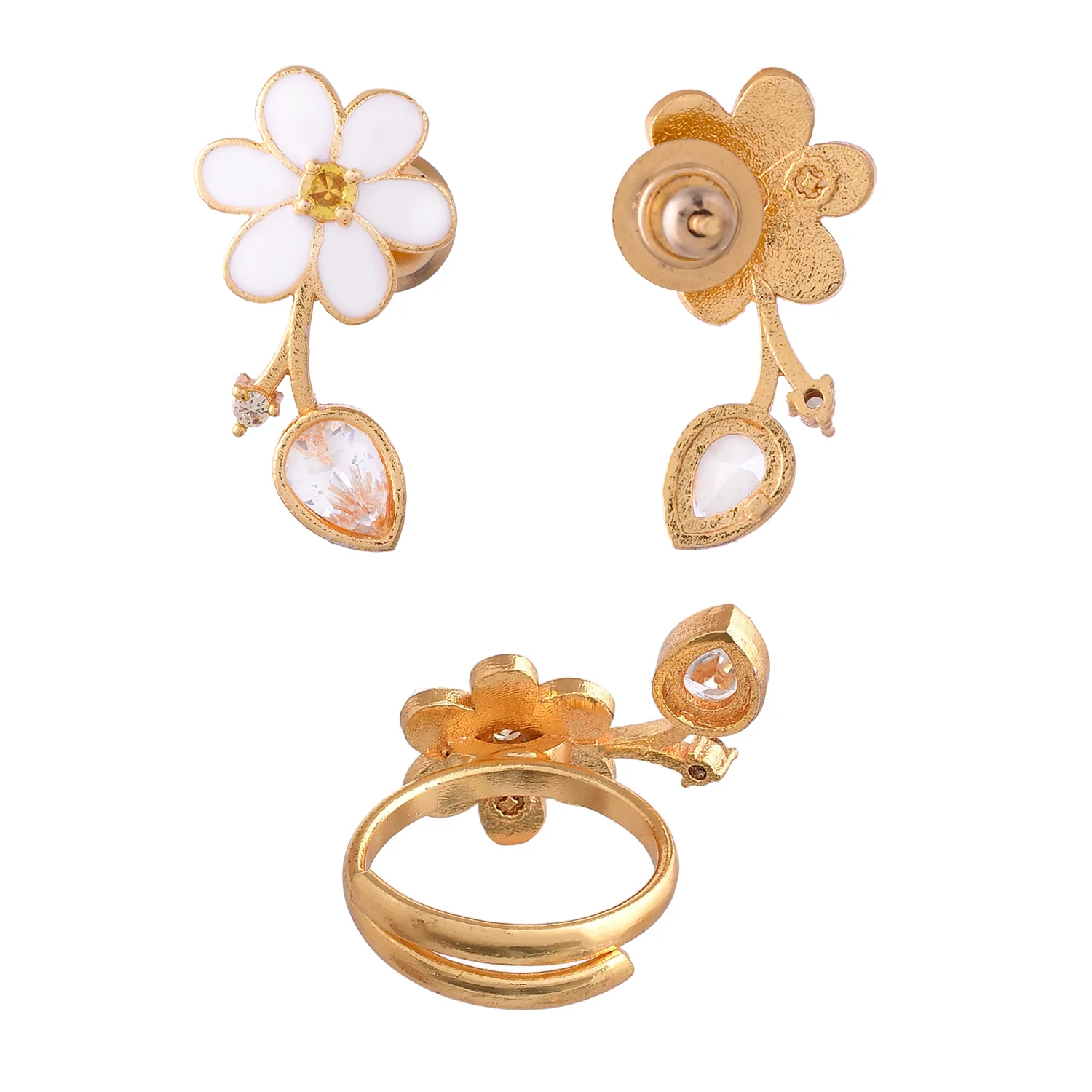 Flower Fantasy Leafy White Earrings And Ring Combo - Image 7