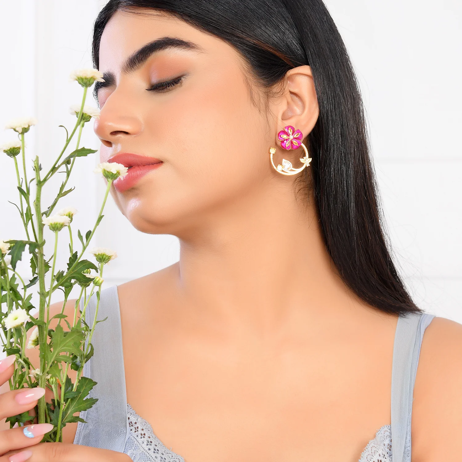 Flower Fantasy Magenta Bloom Half Hoop Earrings - Image 2
