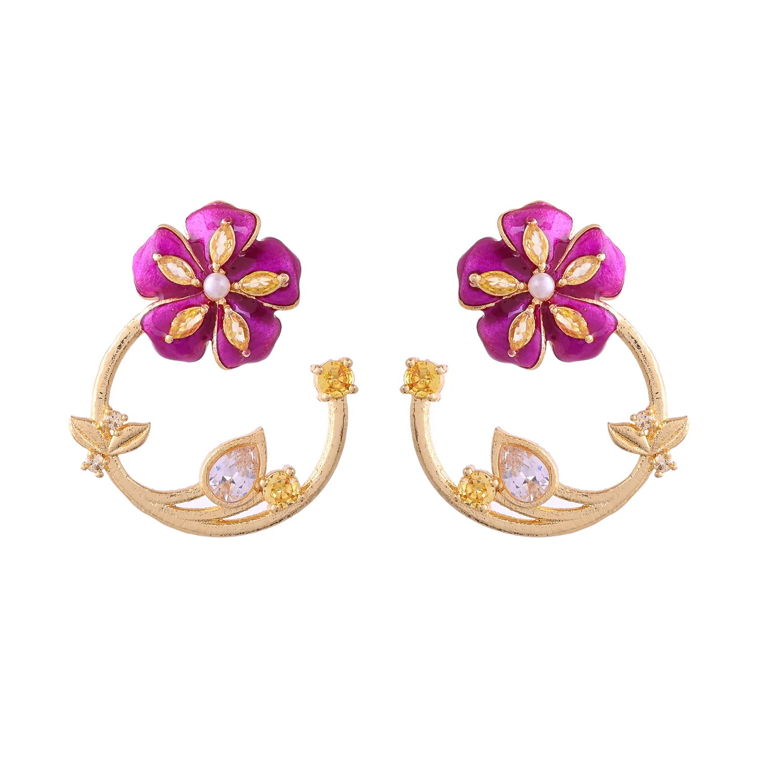 Flower Fantasy Magenta Bloom Half Hoop Earrings - Image 5