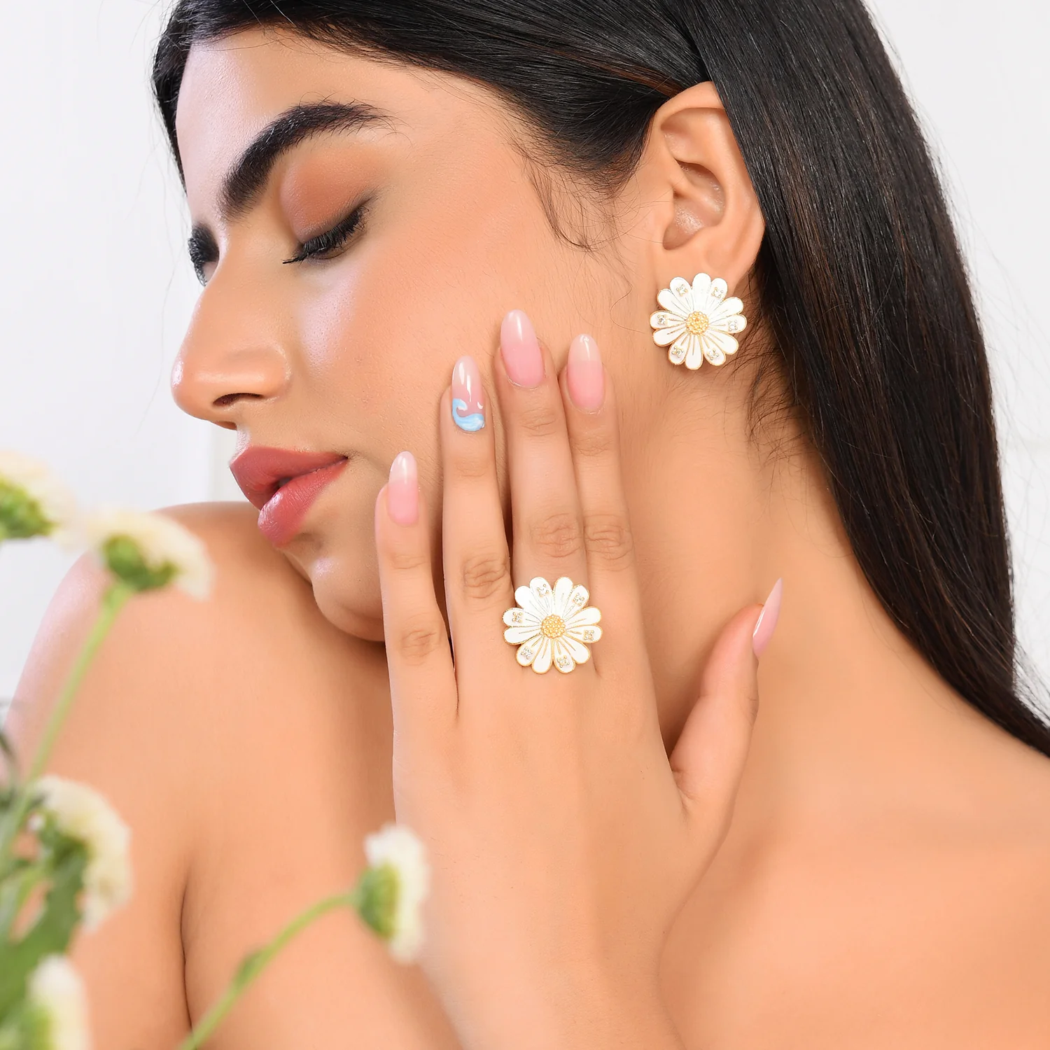 Flower Fantasy Pure Elegance Daisy White Earrings And Ring Combo - Image 2