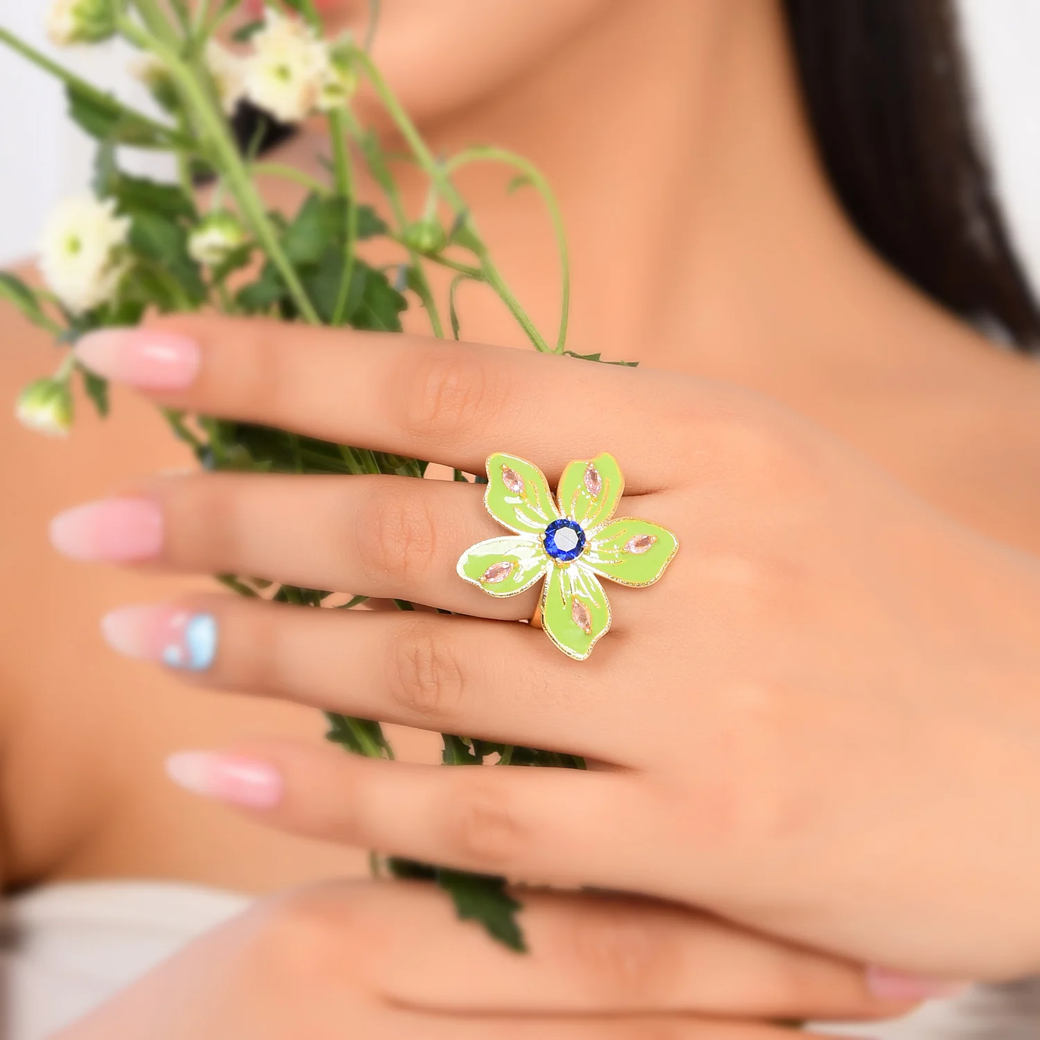 Flower Fantasy Sage Green Spring Blossom Earrings And Ring Combo - Image 4