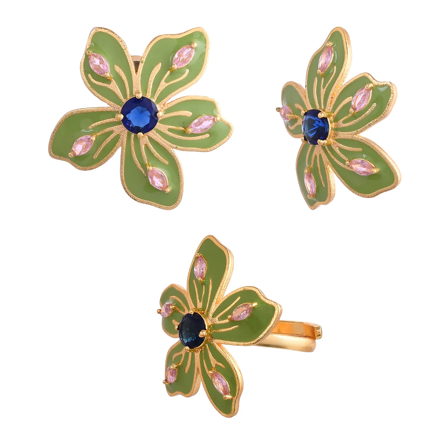 Flower Fantasy Sage Green Spring Blossom Earrings And Ring Combo - Image 5