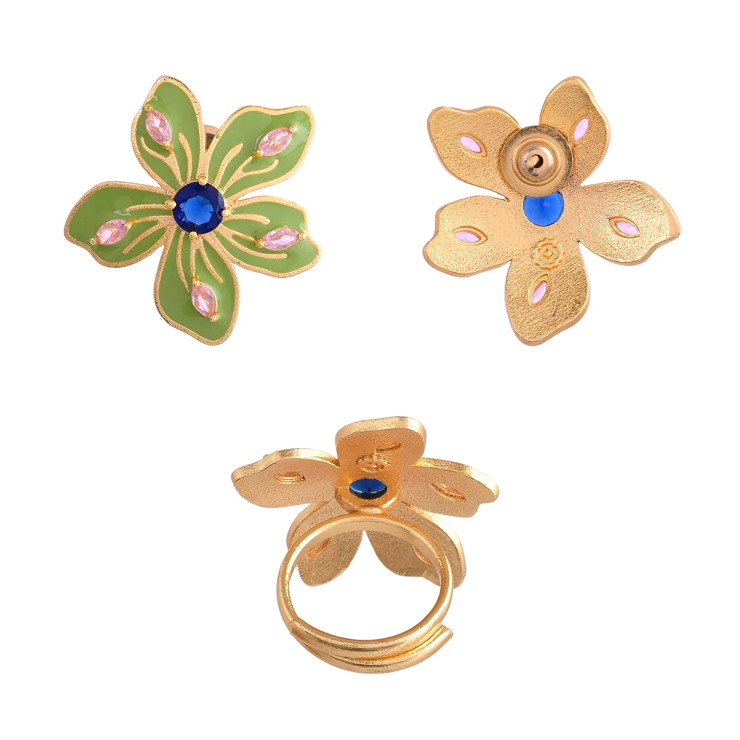 Flower Fantasy Sage Green Spring Blossom Earrings And Ring Combo - Image 7