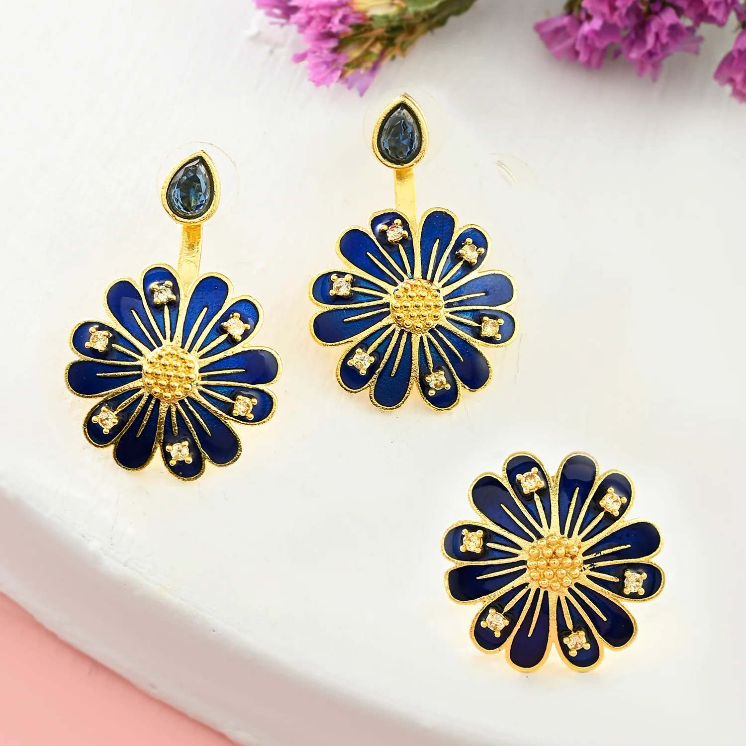 Flower Fantasy Sapphire Blue Daisy Earrings And Ring Combo