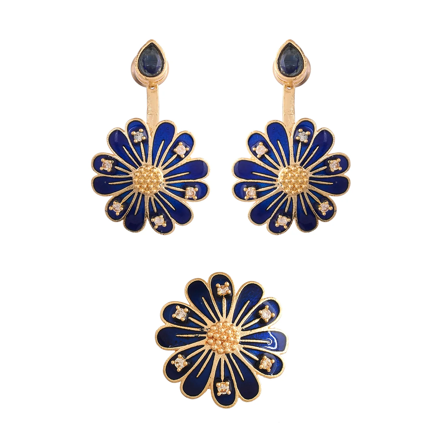 Flower Fantasy Sapphire Blue Daisy Earrings And Ring Combo - Image 5