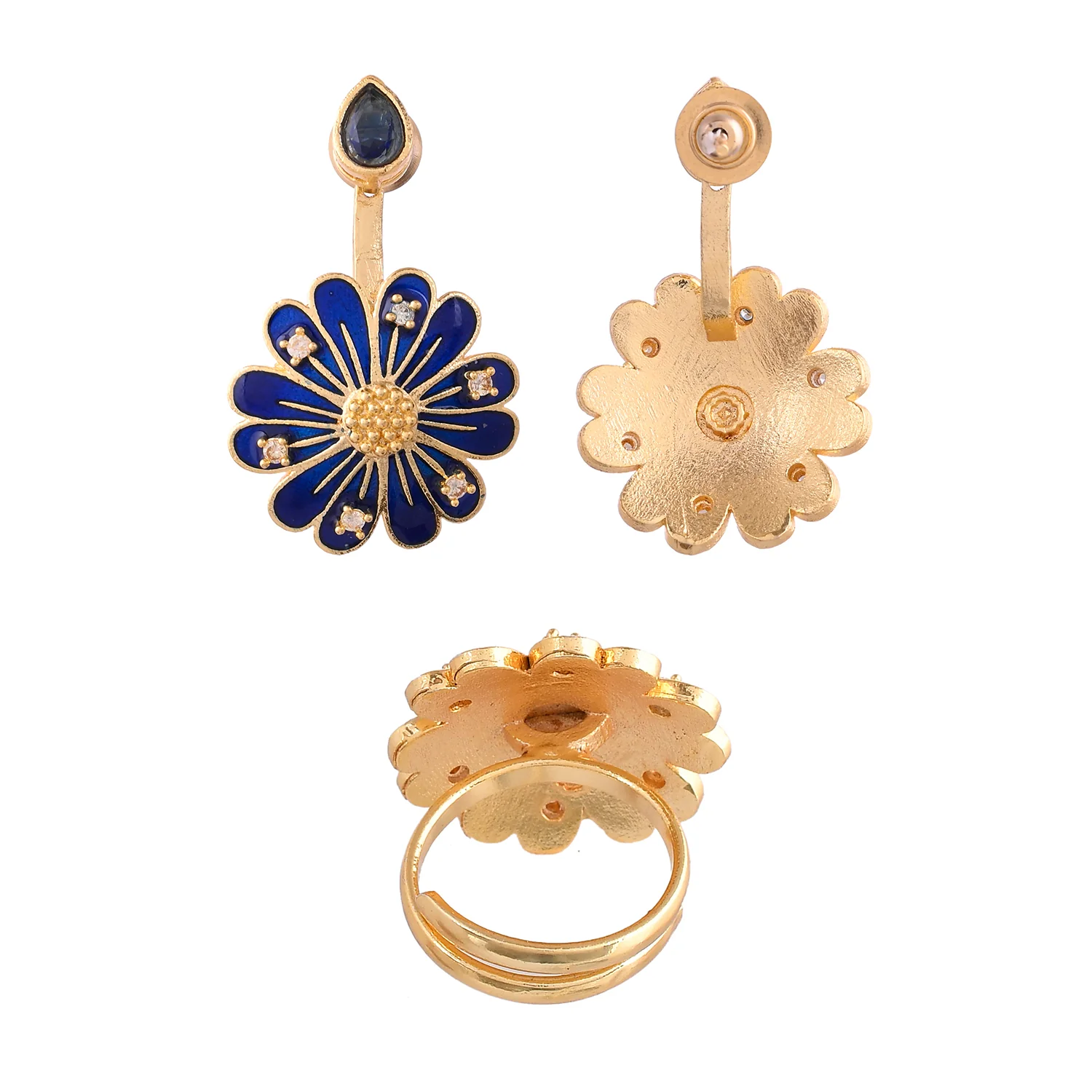 Flower Fantasy Sapphire Blue Daisy Earrings And Ring Combo - Image 6