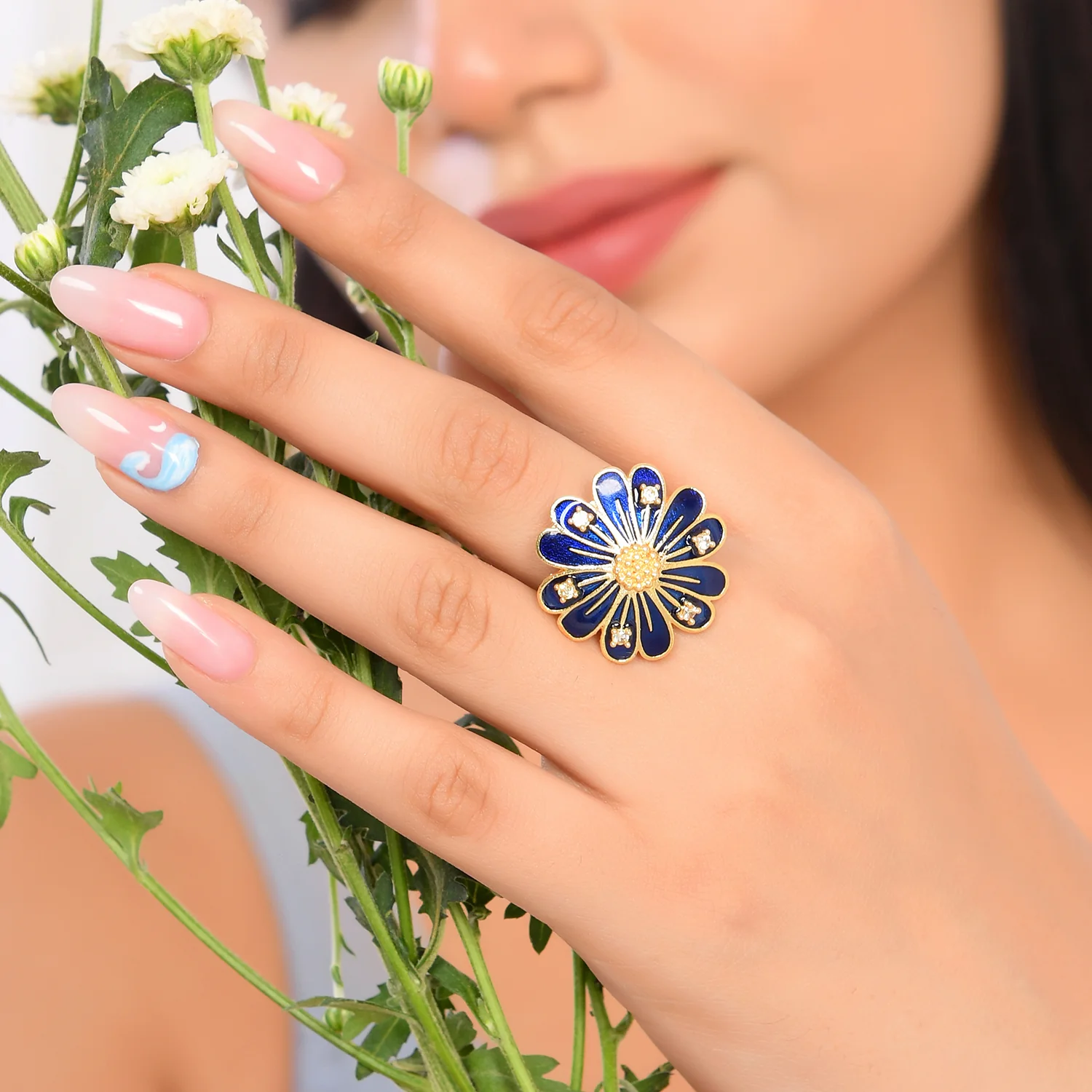 Flower Fantasy Sapphire Blue Daisy Earrings And Ring Combo - Image 7
