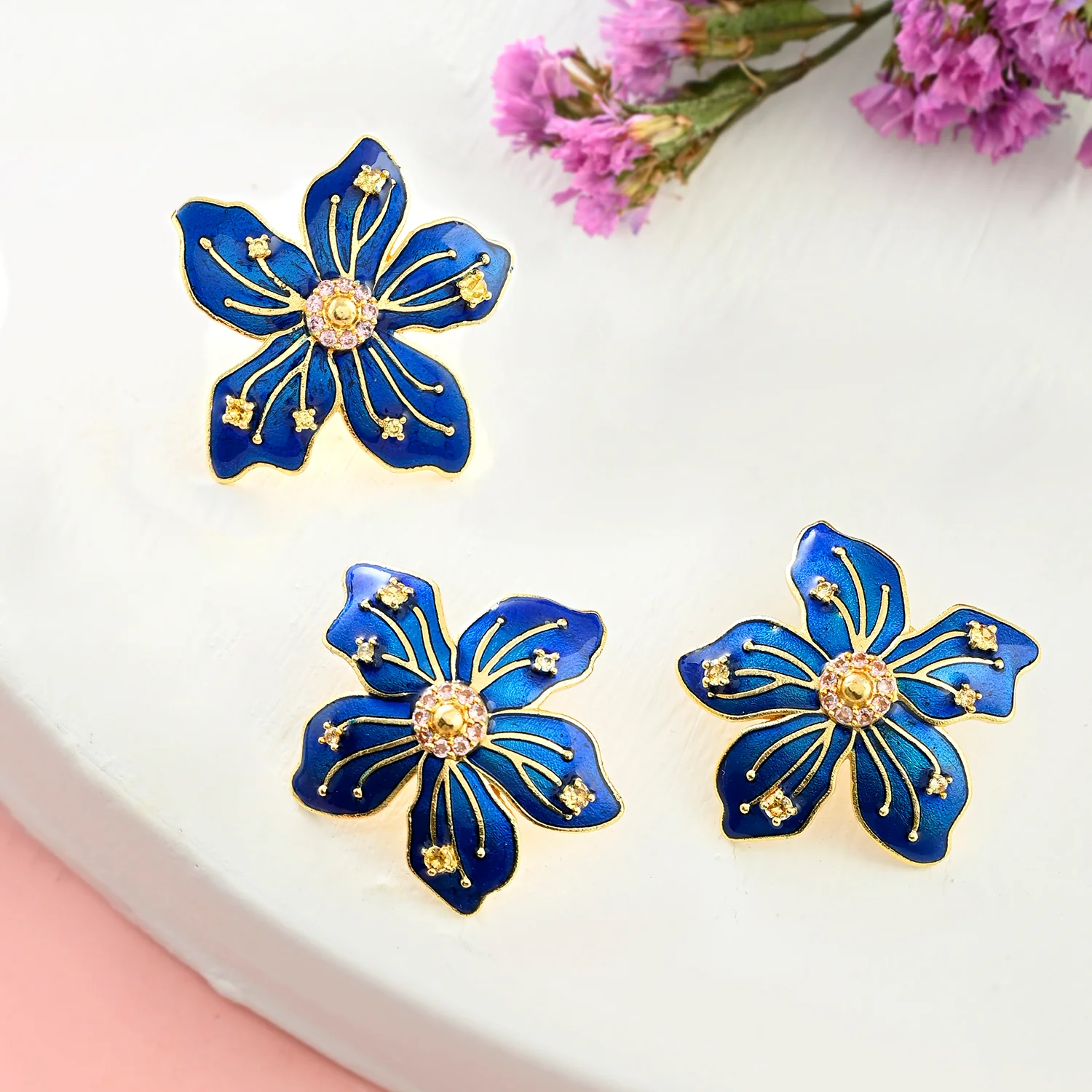 Flower Fantasy Sapphire Blue Statement Earrings And Ring Combo