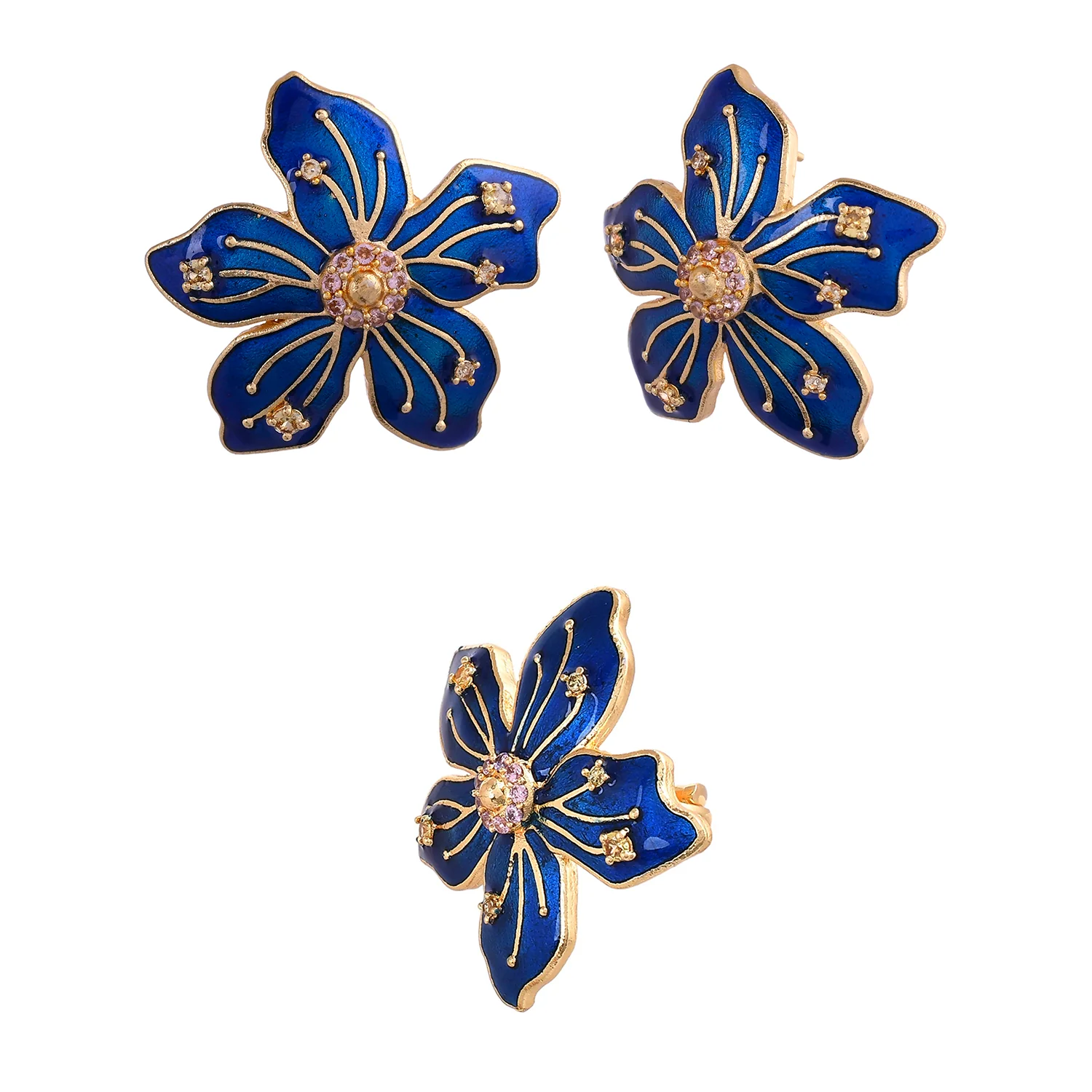 Flower Fantasy Sapphire Blue Statement Earrings And Ring Combo - Image 4