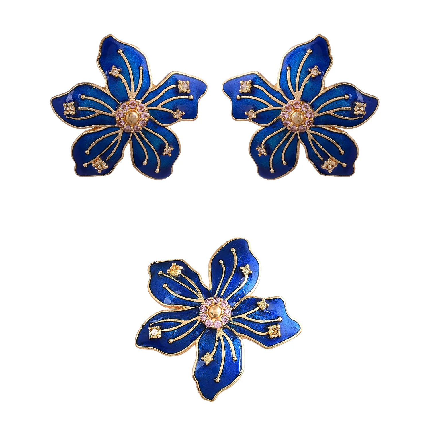 Flower Fantasy Sapphire Blue Statement Earrings And Ring Combo - Image 5