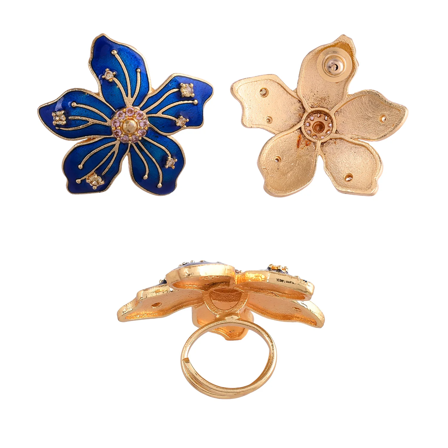 Flower Fantasy Sapphire Blue Statement Earrings And Ring Combo - Image 6