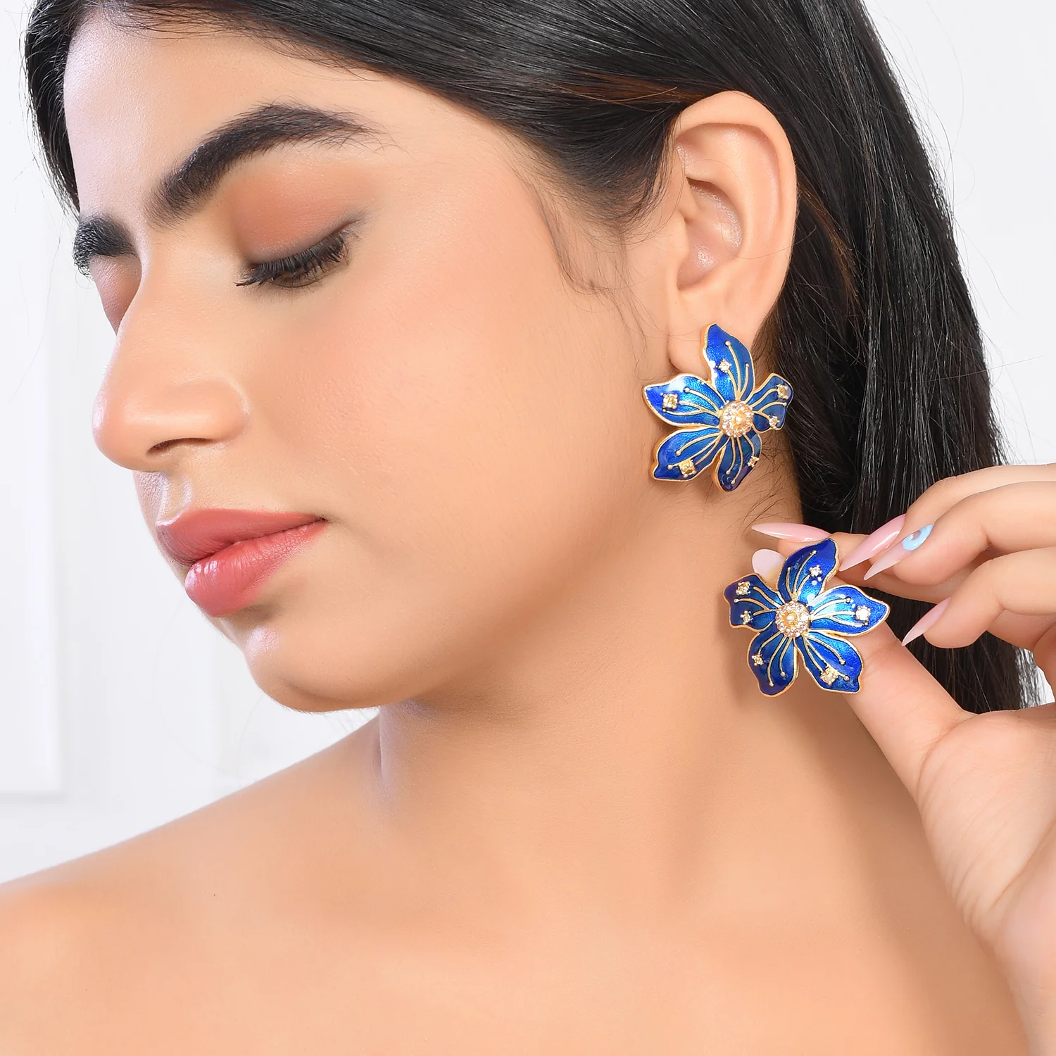 Flower Fantasy Sapphire Blue Statement Earrings And Ring Combo - Image 7