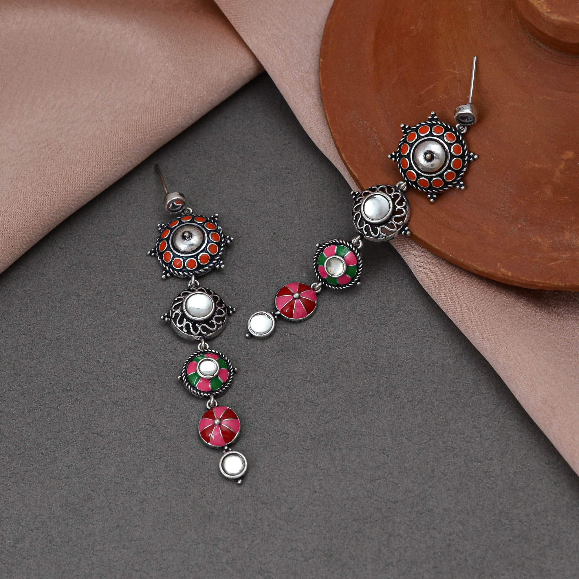 Folklore Enamelled Circular Long Drop Earrings