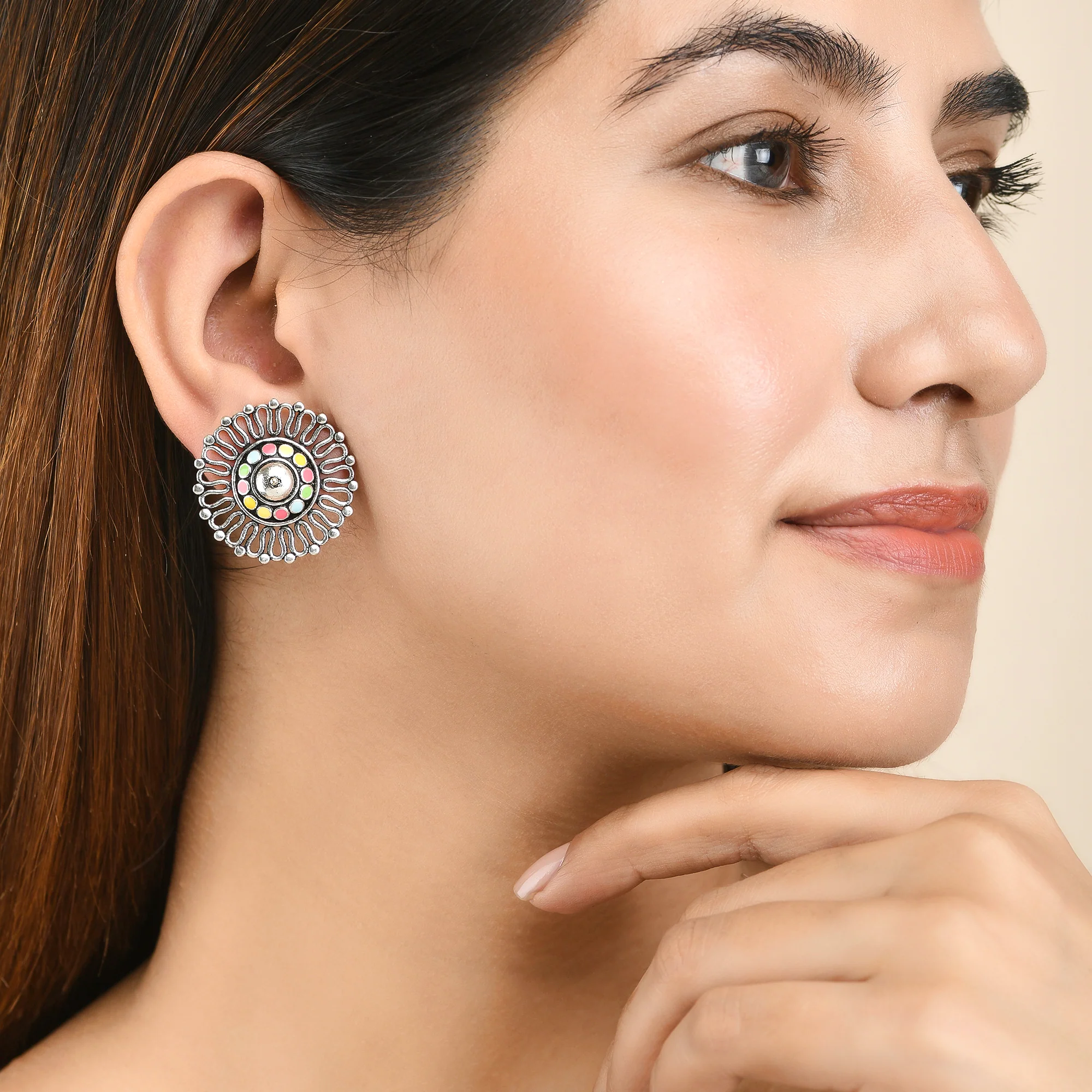 Folklore Enamelled Round Stud Earrings - Image 2
