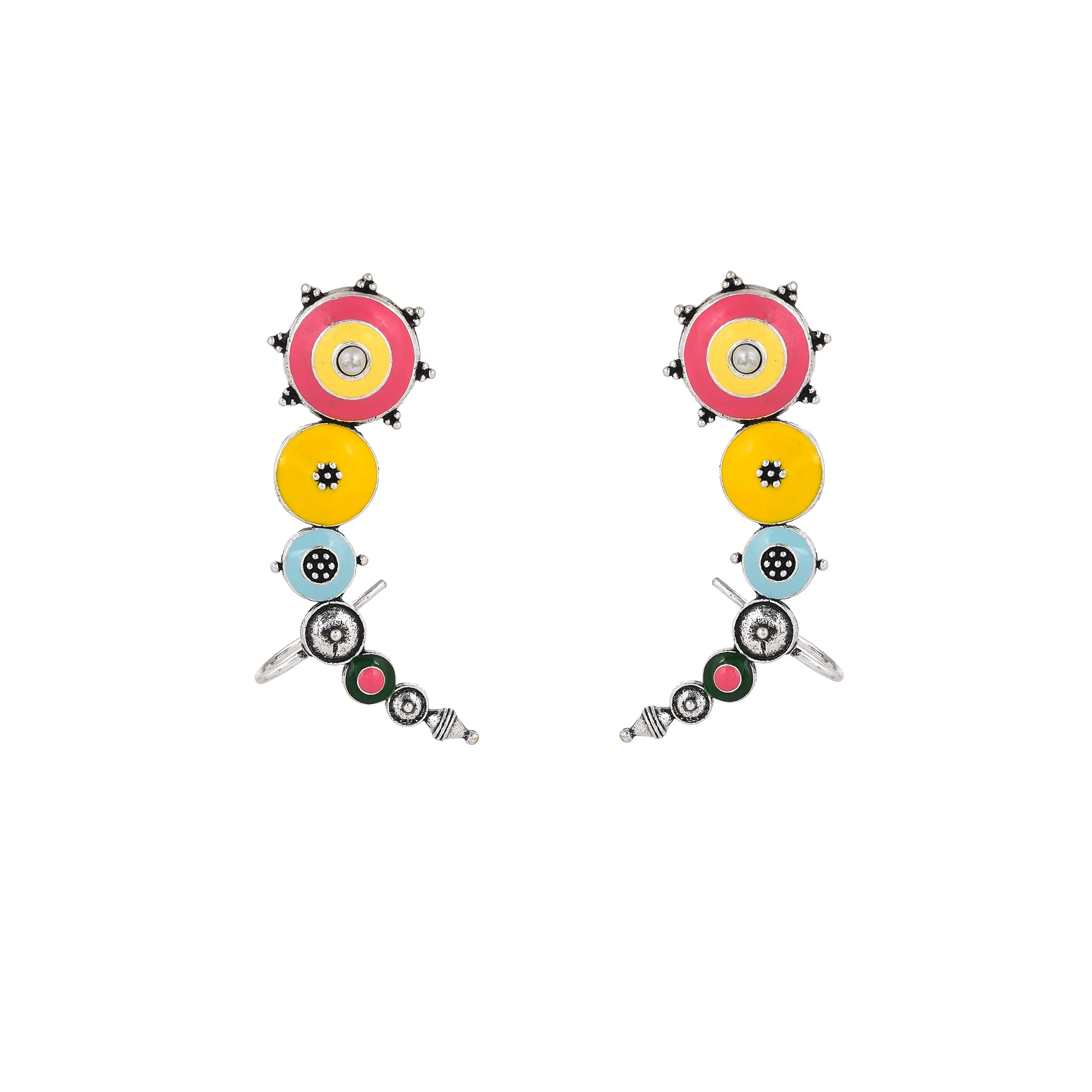 Folklore Enamelled Silver Toned Cuff Earrings - Image 3