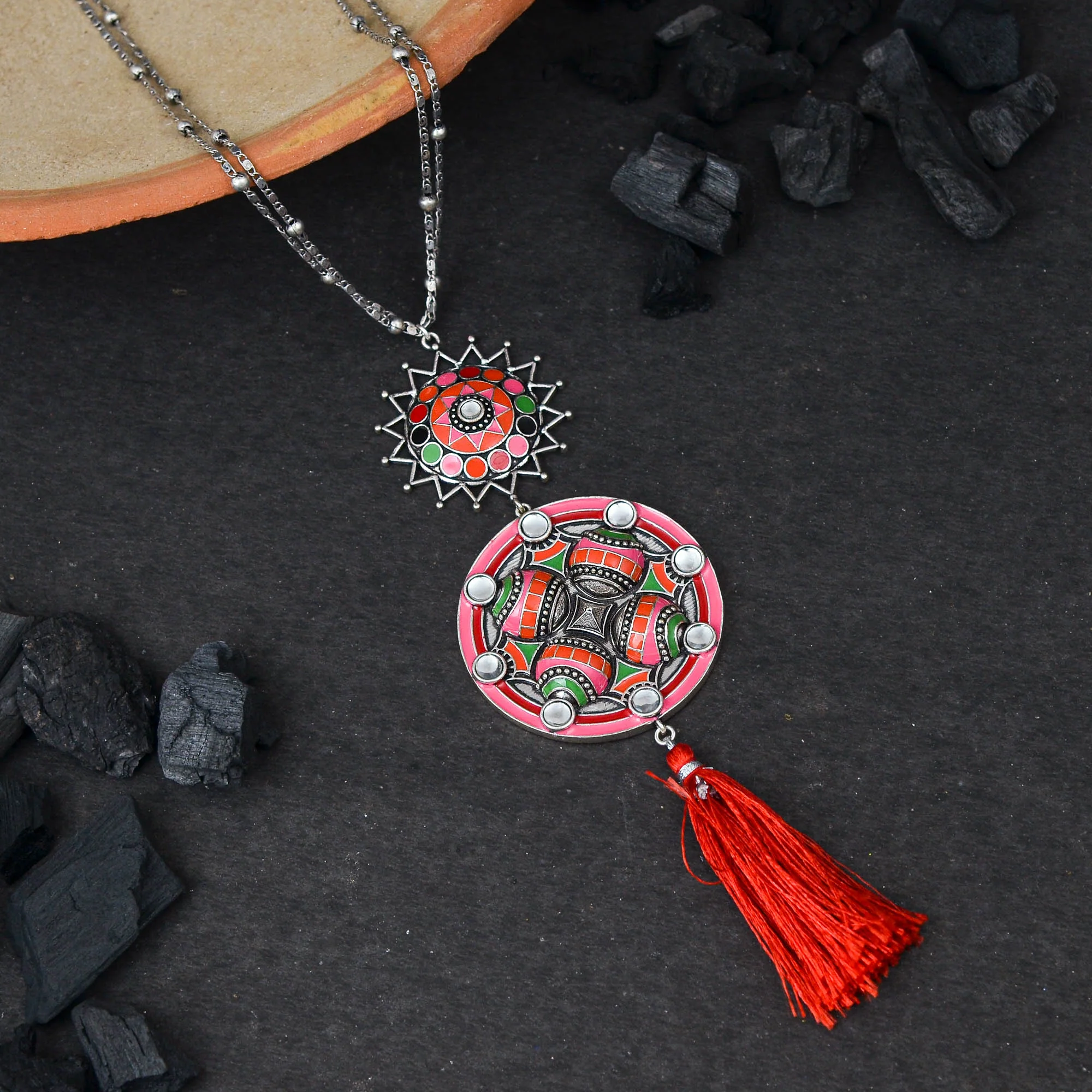 Folklore Red Enamel Tassel Drop Necklace