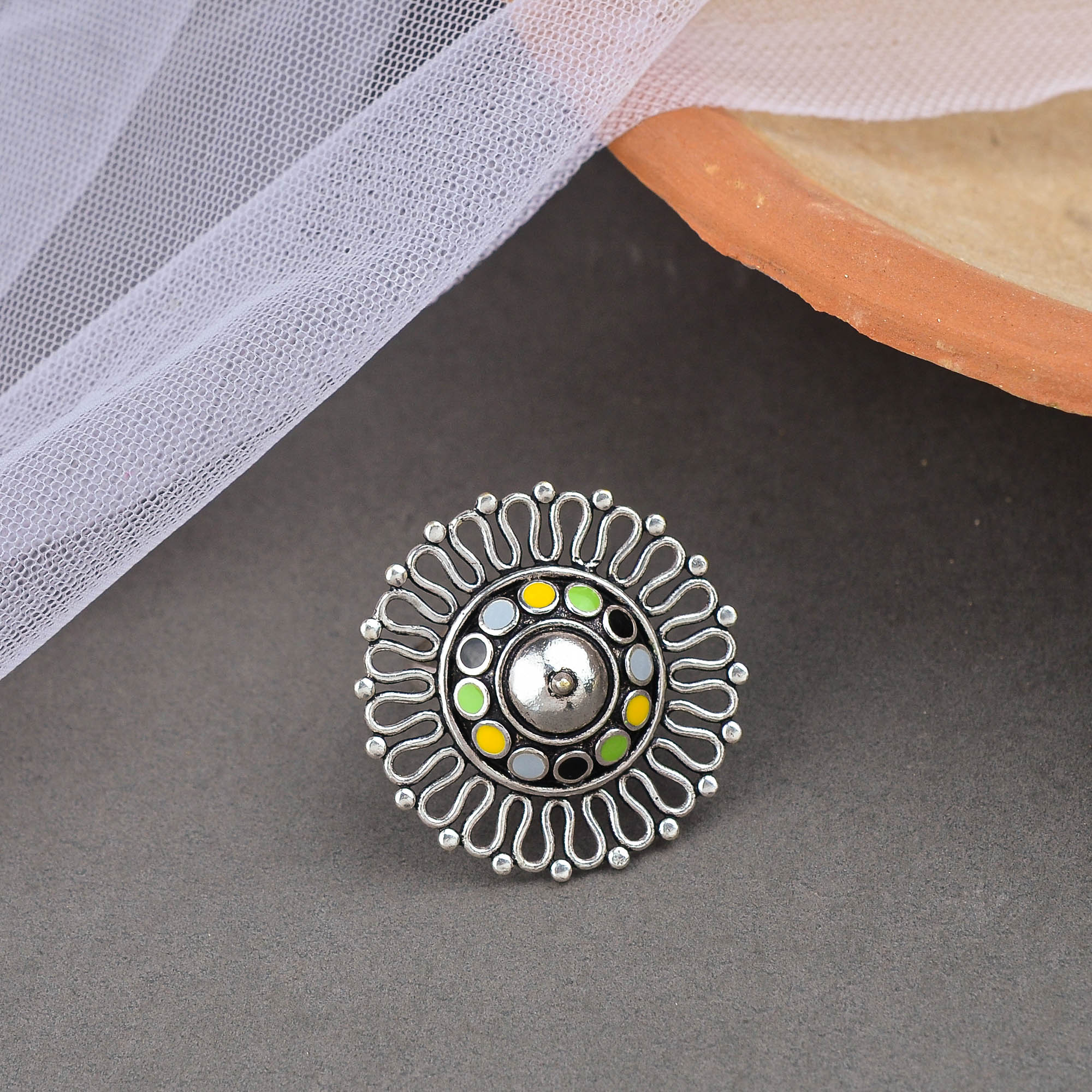 Folklore Round Enamelled Cocktail Ring