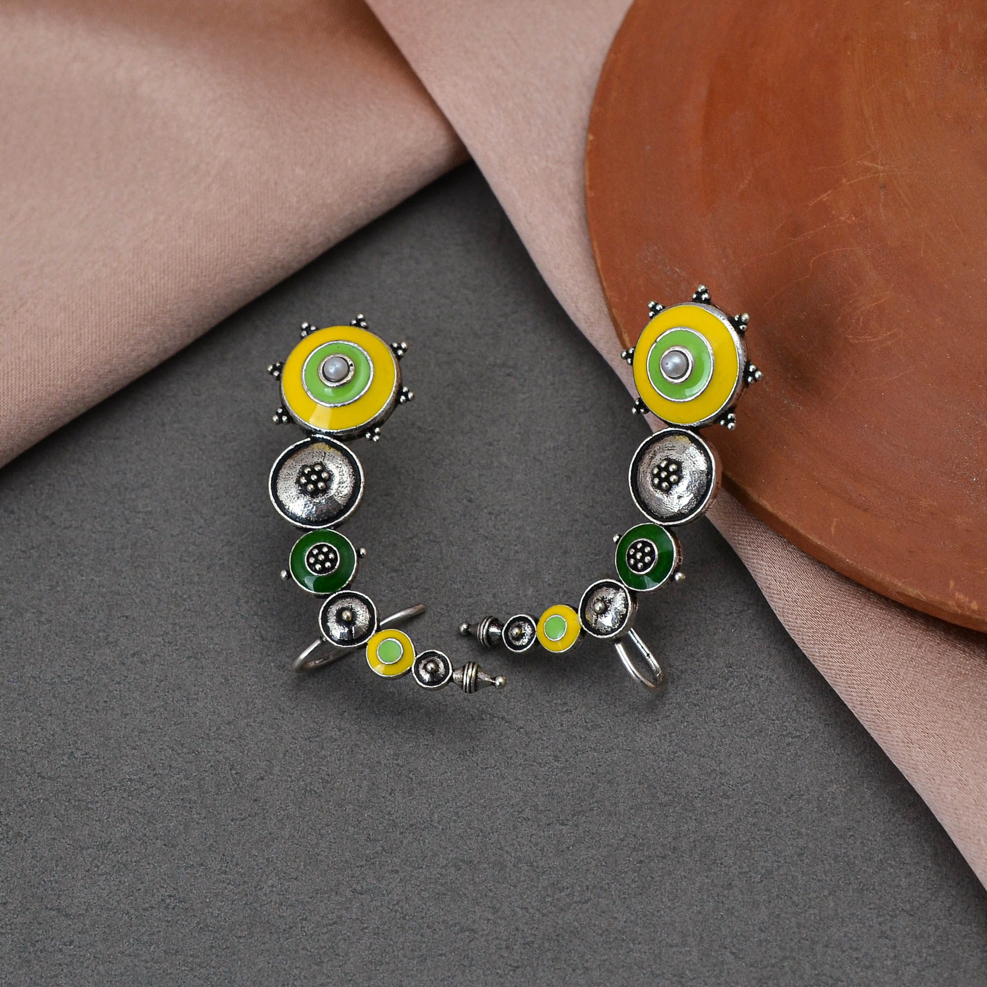 Folklore Silver Plated Enamelled Cuff Earrings