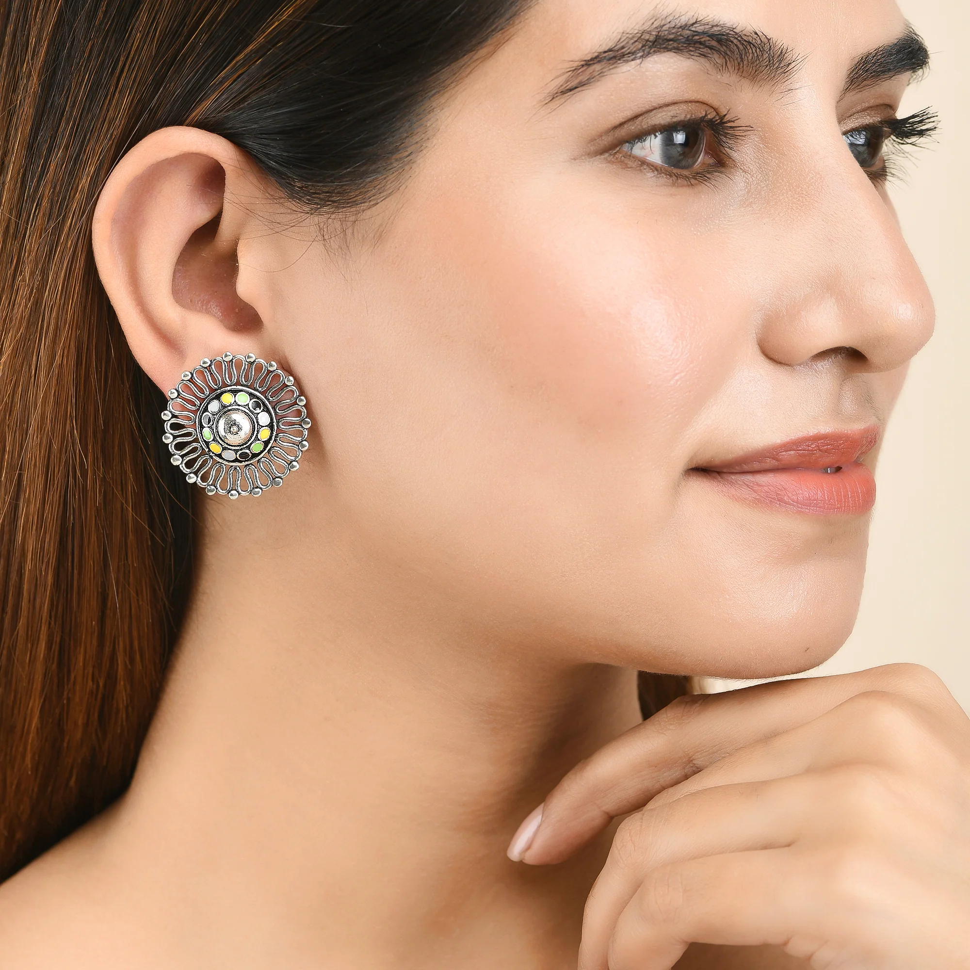 Folklore Silver Plated Round Cutwork Stud Earrings - Image 2