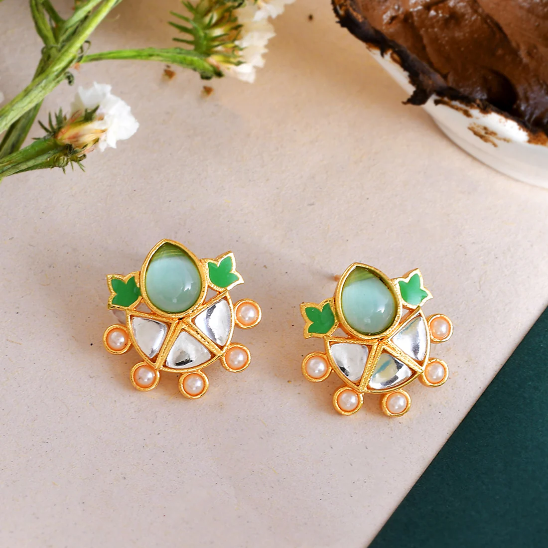 Forever More Enamelled Green Stone and Pearls Earrings