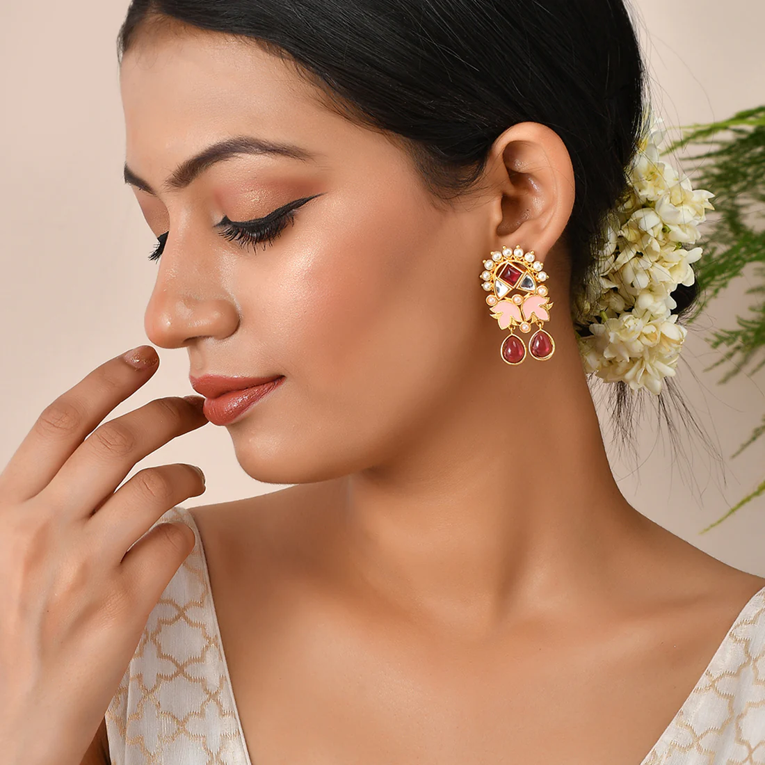 Forever More Enamelled Pink Stones and Pearls Floral Earrings - Image 2