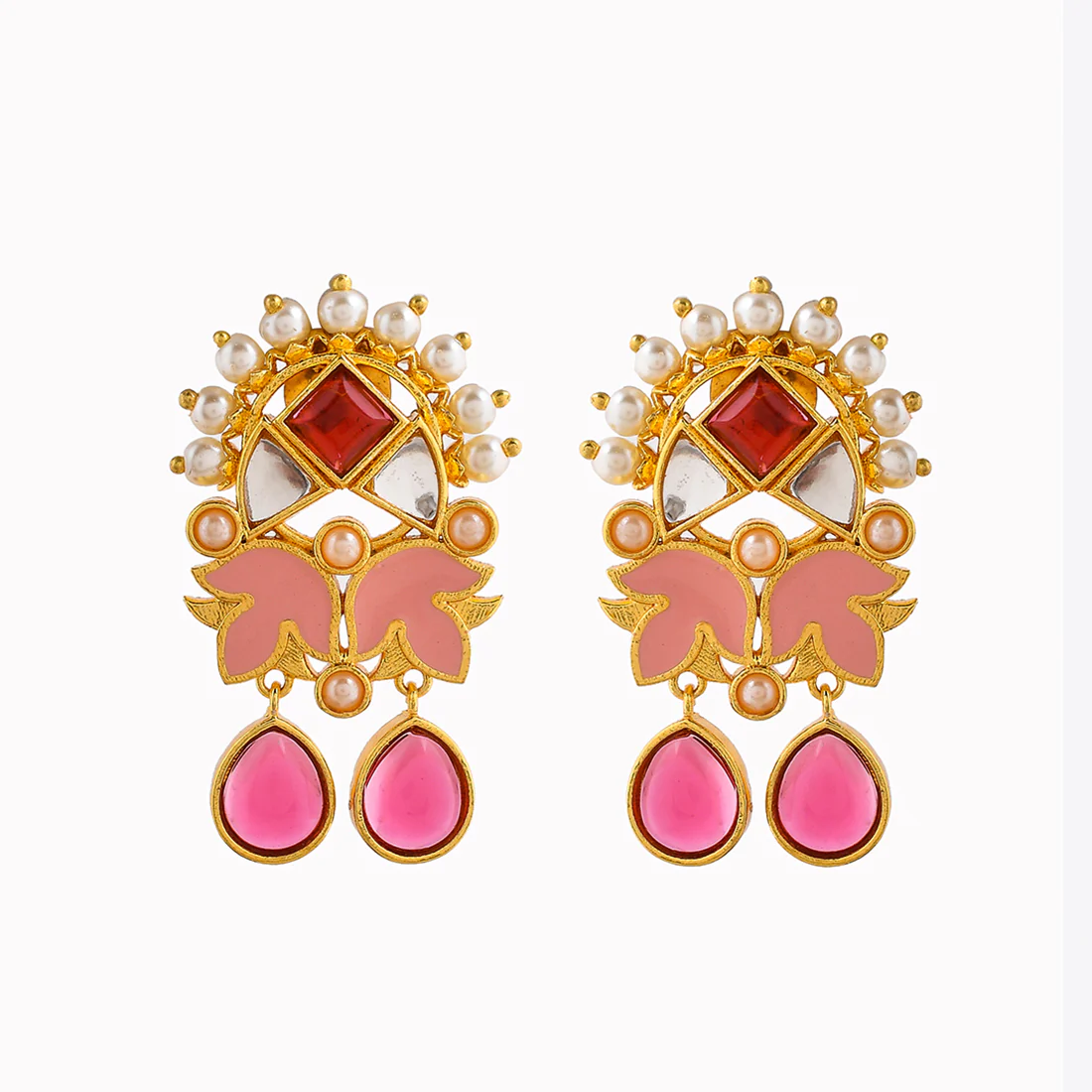 Forever More Enamelled Pink Stones and Pearls Floral Earrings - Image 3