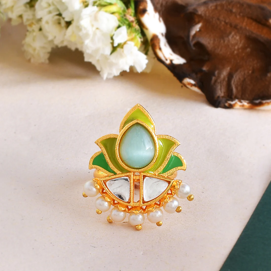 Forever More Floral Green Stone Enamelled Cocktail Ring