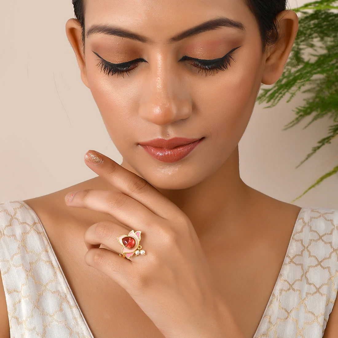Forever More Floral Pink Stone and Pearls Ring - Image 2